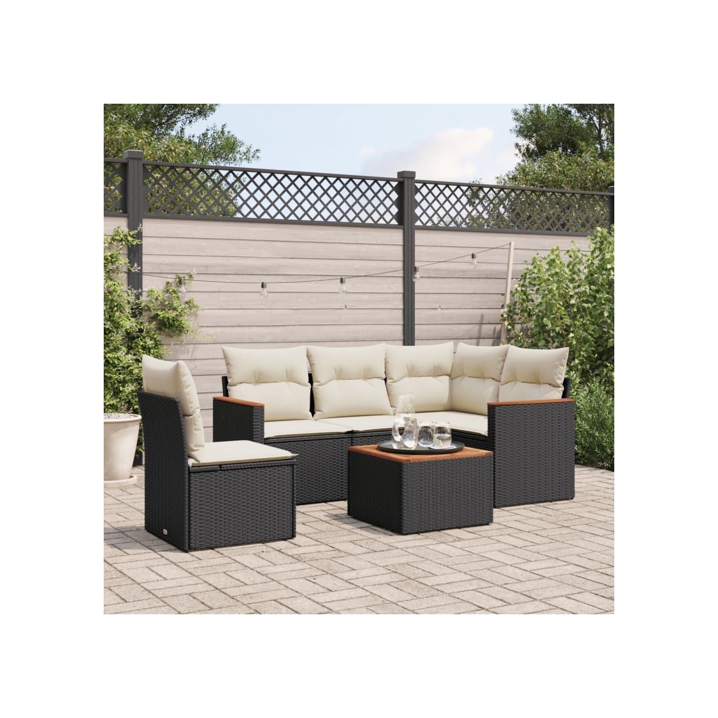 Salon de jardin 6 pcs avec coussins noir résine tressée