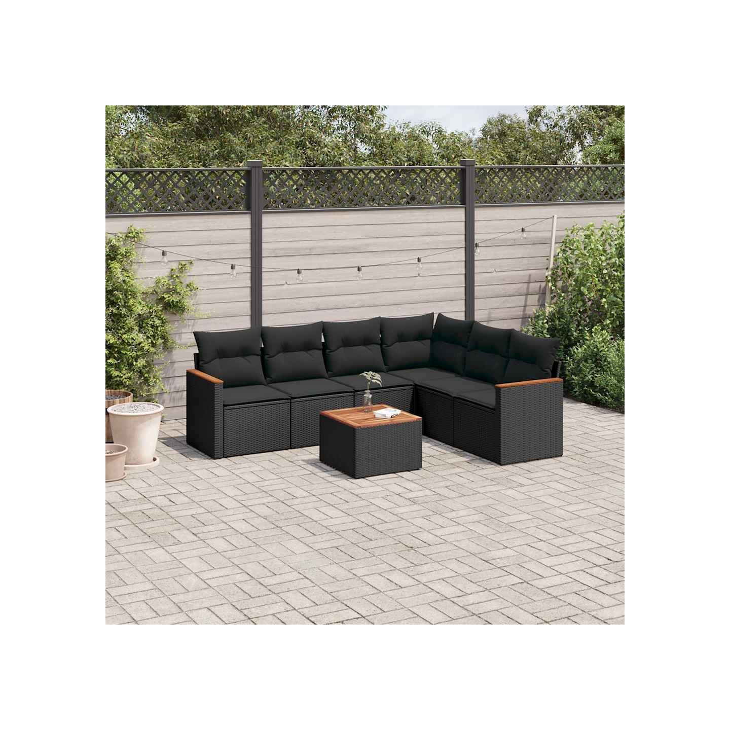 Salon de jardin 7 pcs avec coussins noir résine tressée