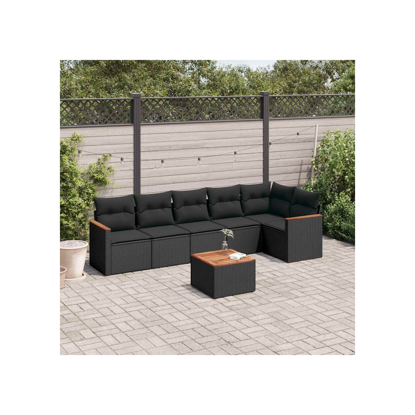 Salon de jardin 7 pcs avec coussins noir résine tressée