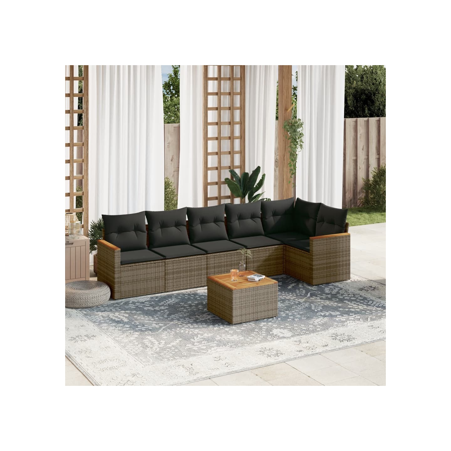 Salon de jardin avec coussins 7 pcs gris résine tressée