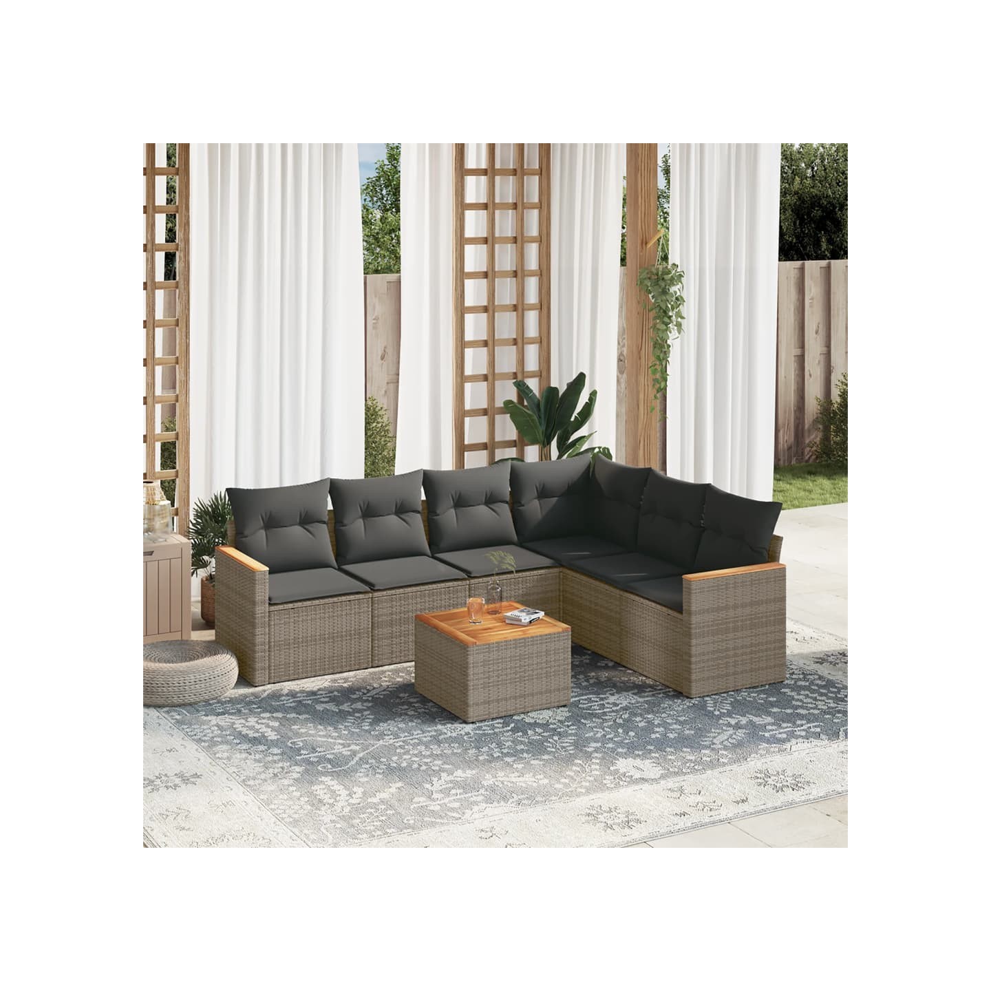 Salon de jardin avec coussins 7 pcs gris résine tressée