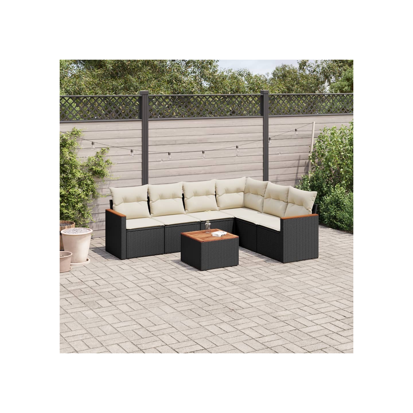 Salon de jardin 7 pcs avec coussins noir résine tressée