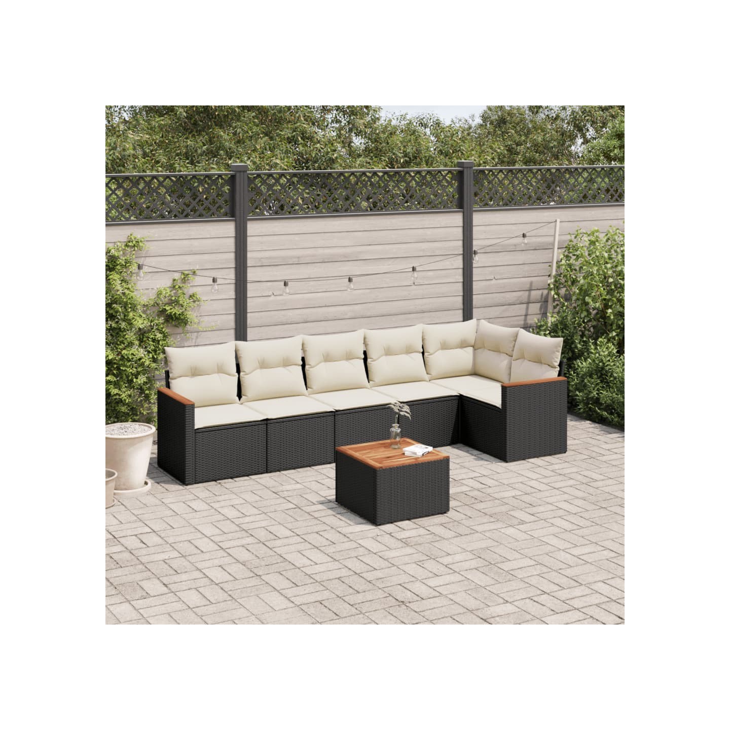 Salon de jardin 7 pcs avec coussins noir résine tressée
