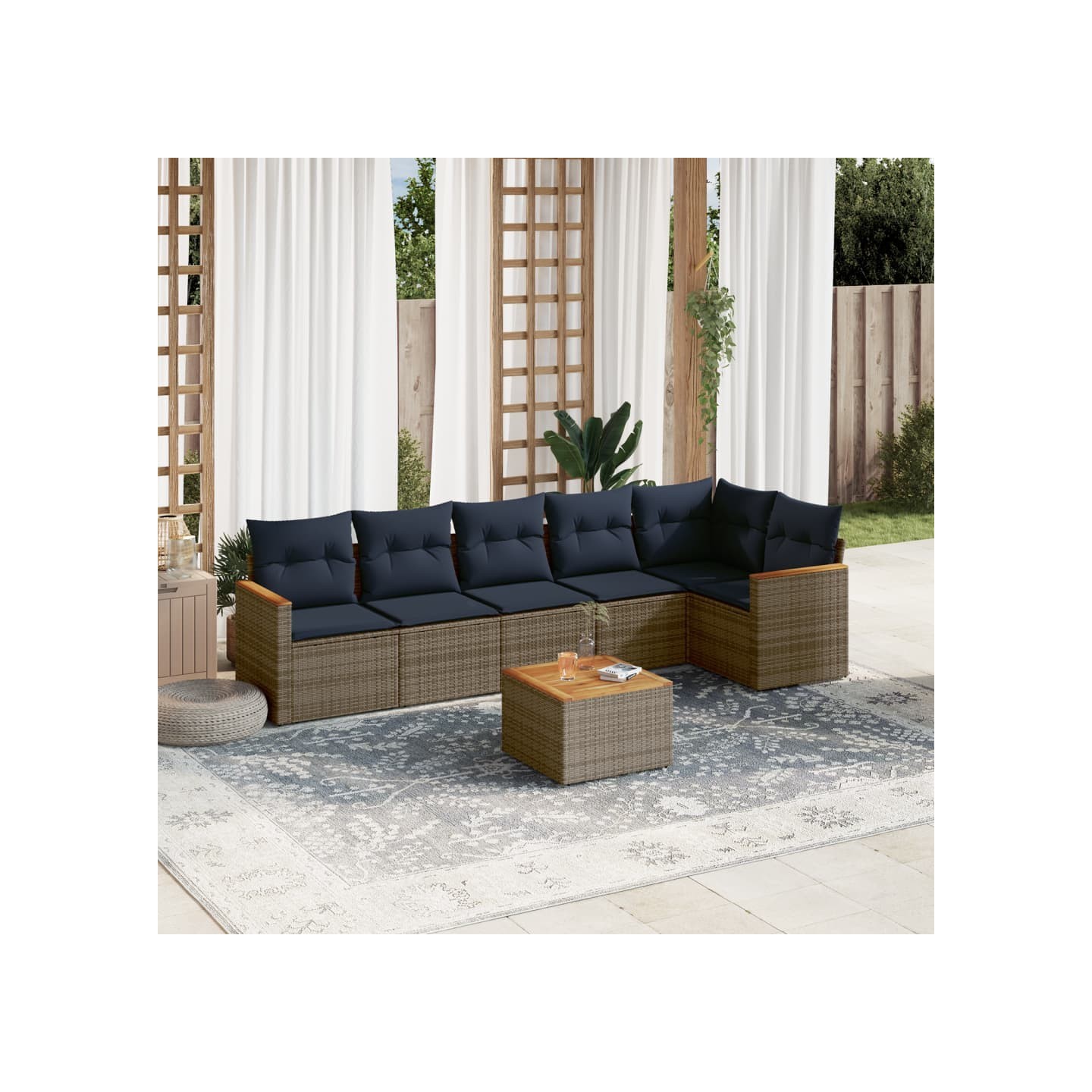 Ensemble de canapé de jardin 7 pcs avec coussins gris résine tressée