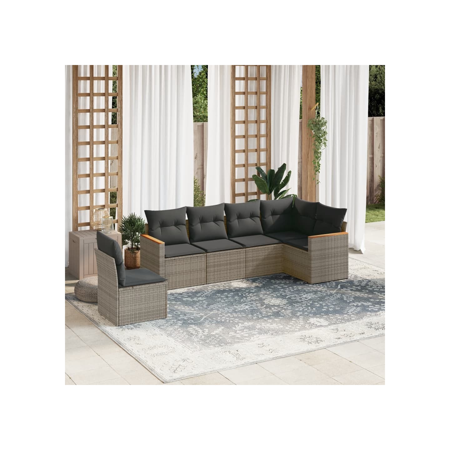 Salon de jardin 6 pcs avec coussins gris résine tressée