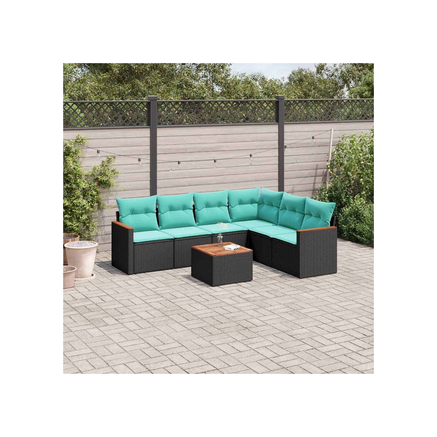Ensemble de canapé de jardin 7 pcs avec coussins noir résine tressée