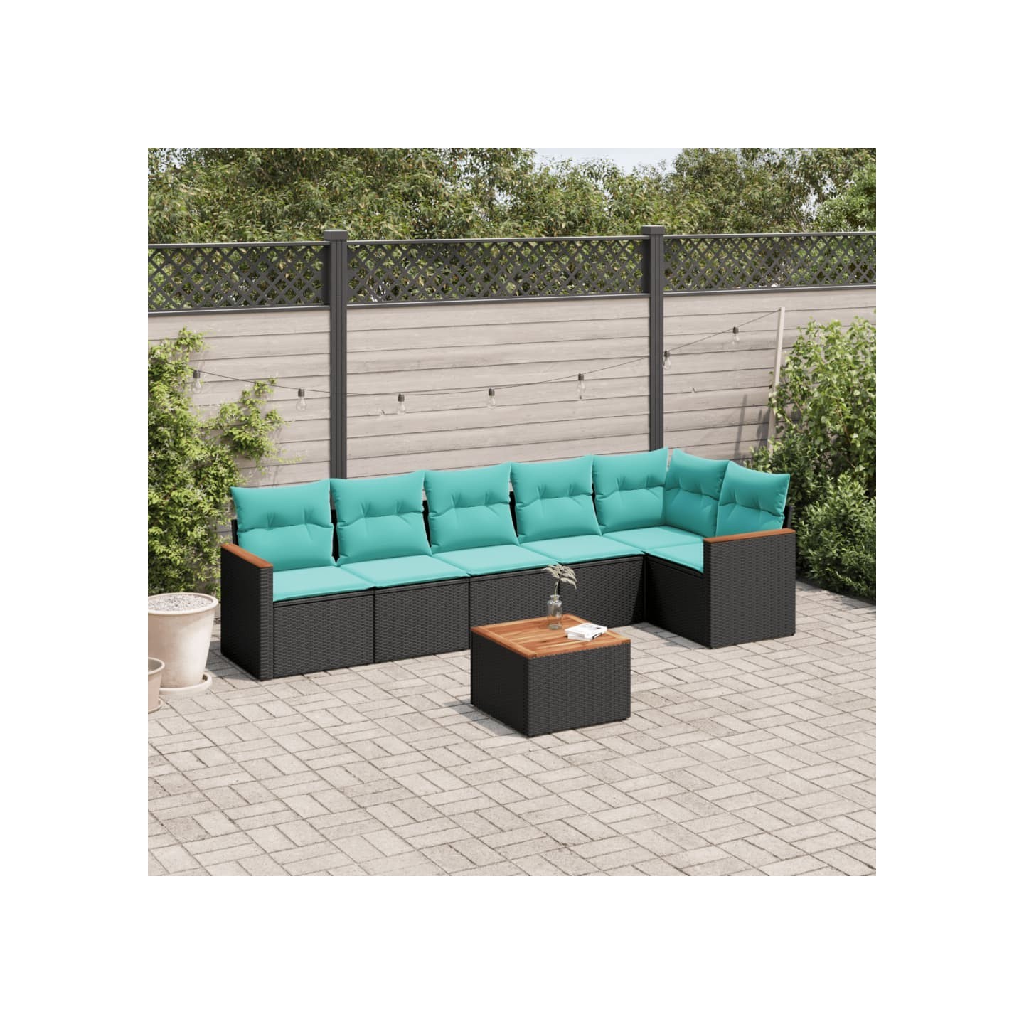 Ensemble de canapé de jardin 7 pcs avec coussins noir résine tressée