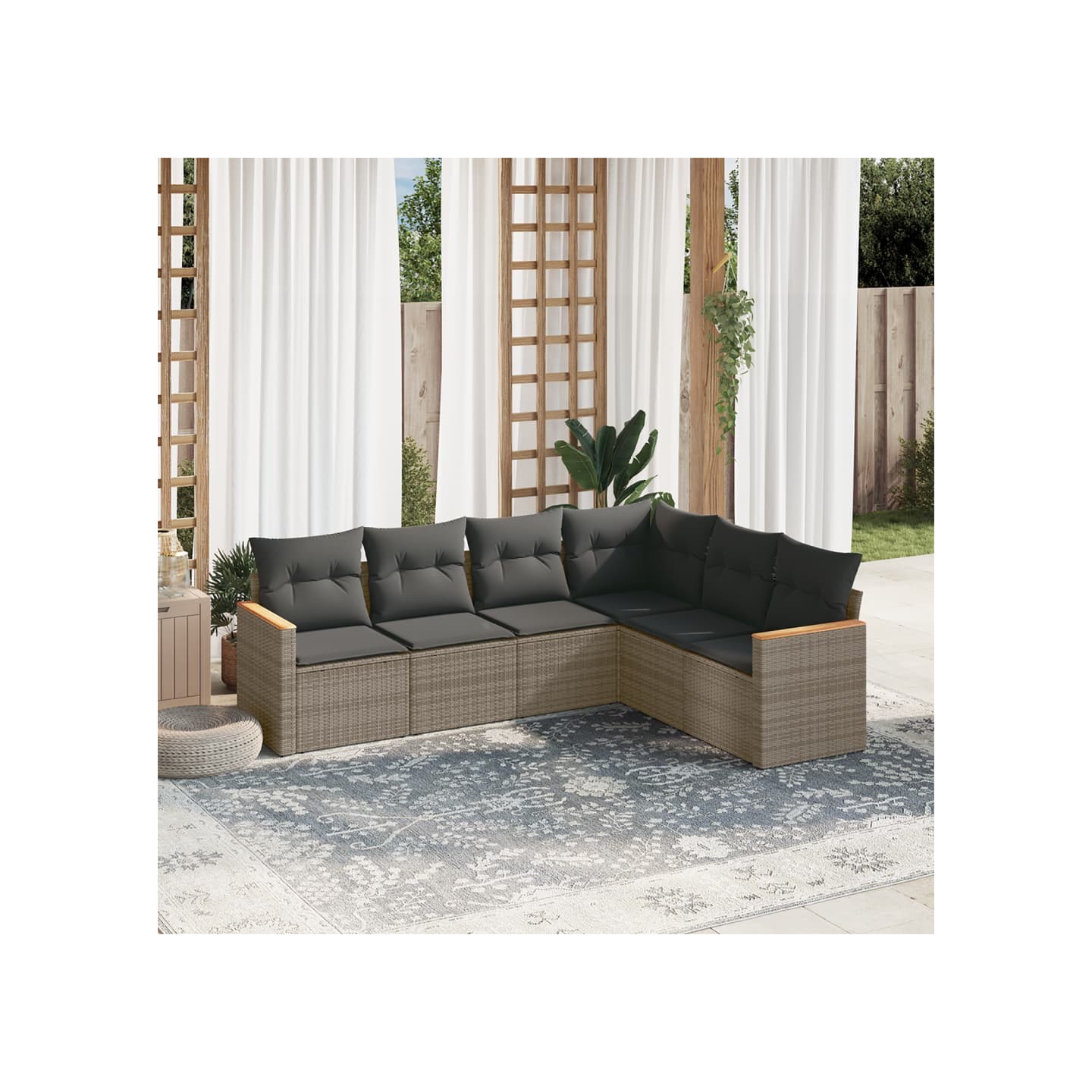 Salon de jardin 6 pcs avec coussins gris résine tressée