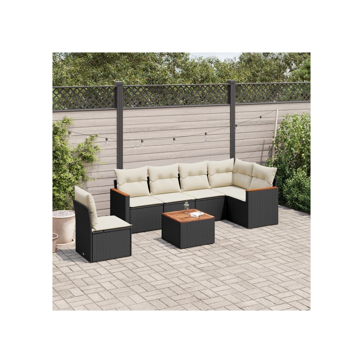 Salon de jardin 7 pcs avec coussins noir résine tressée