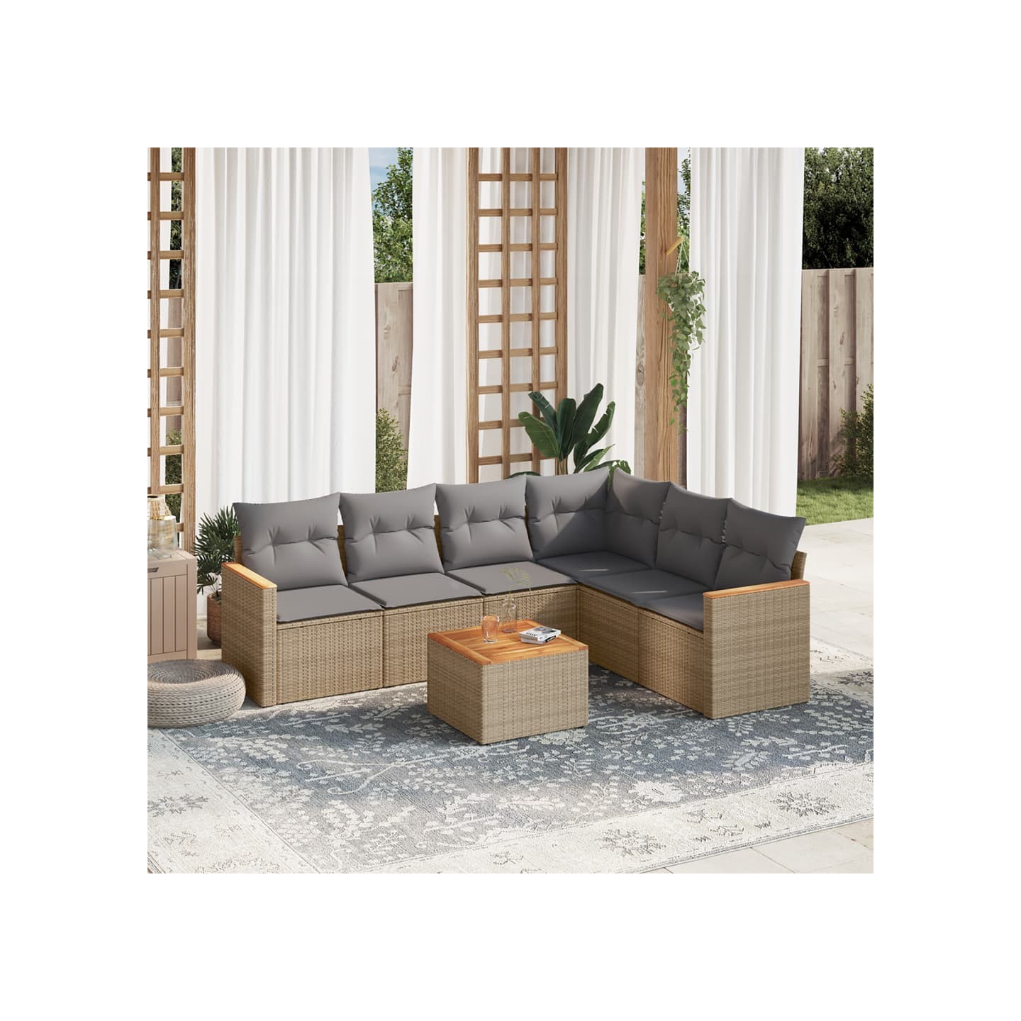 Salon de jardin avec coussins 7pcs mélange beige résine tressée