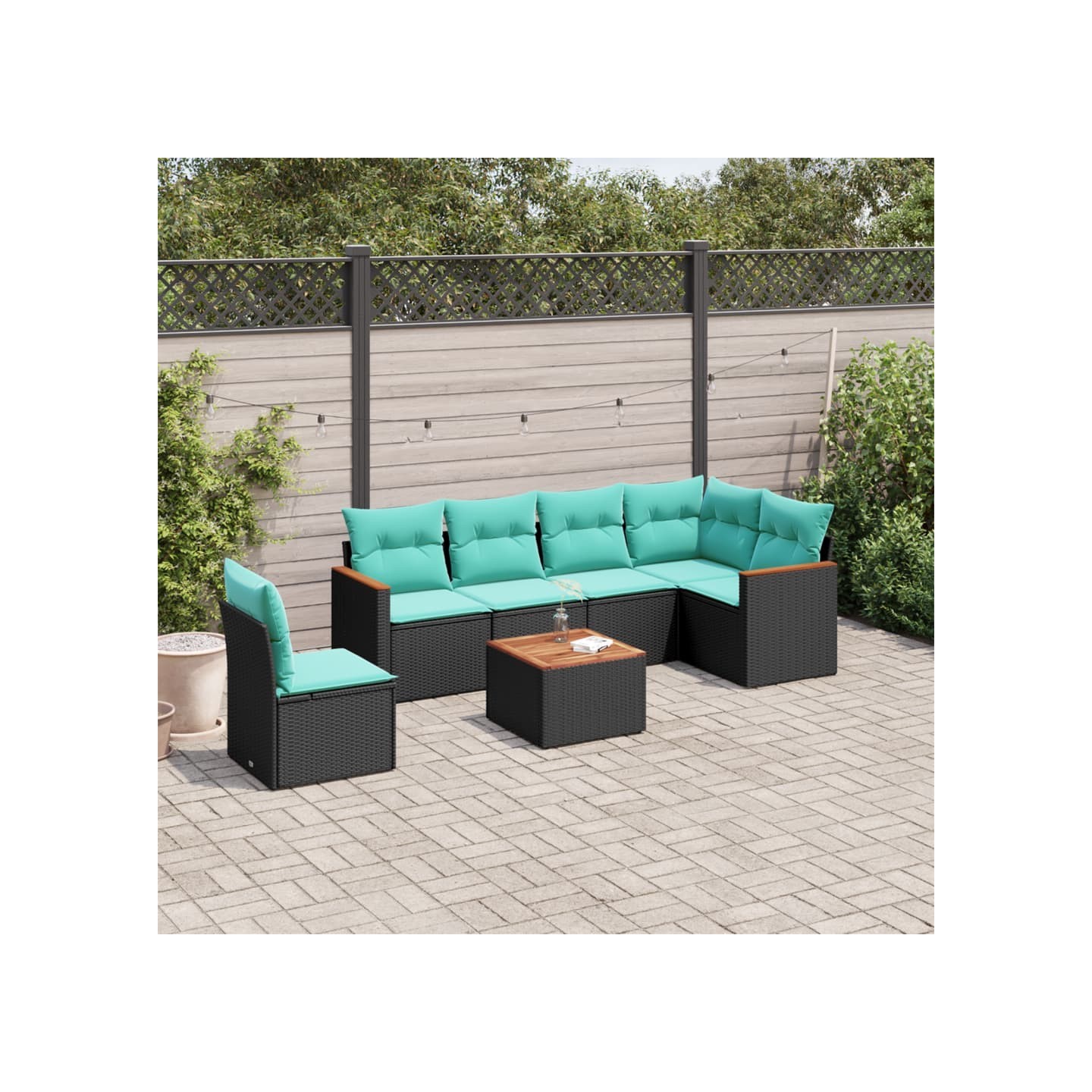 Ensemble de canapé de jardin 7 pcs avec coussins noir résine tressée