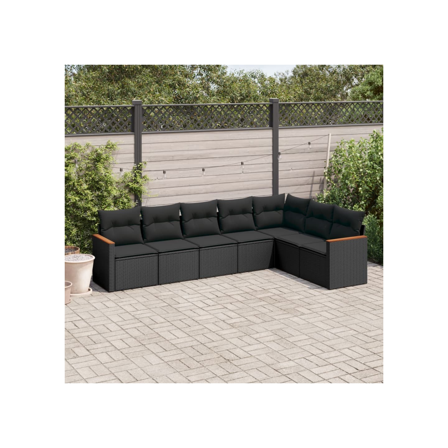 Salon de jardin 7 pcs avec coussins noir résine tressée