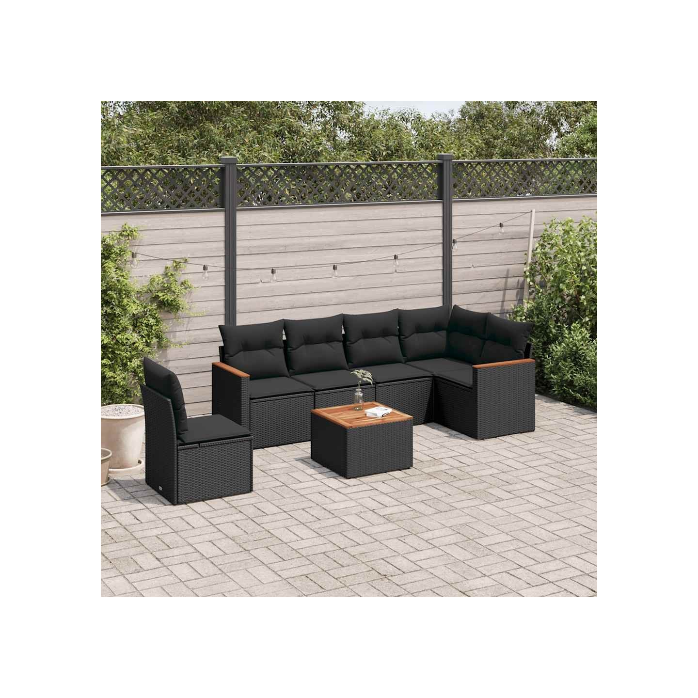 Salon de jardin 7 pcs avec coussins noir résine tressée