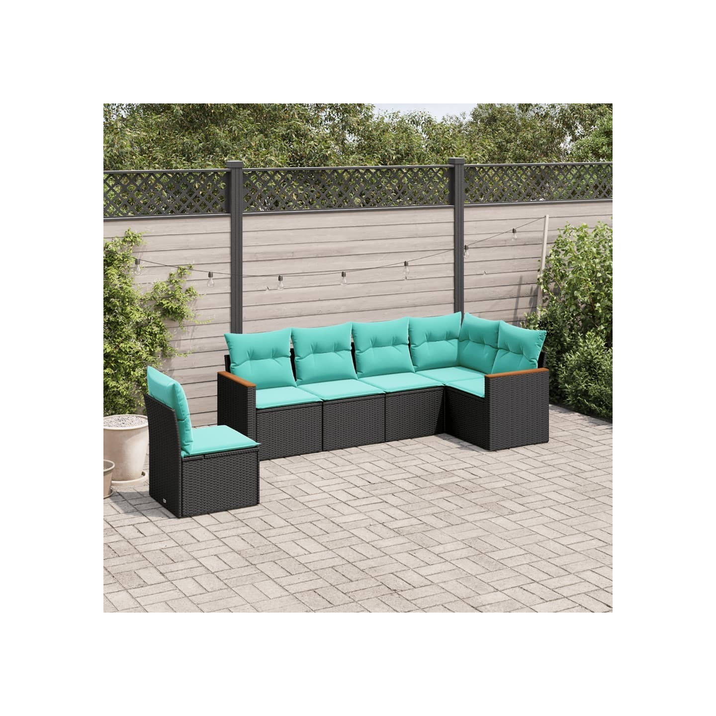 Salon de jardin 6 pcs avec coussins noir résine tressée