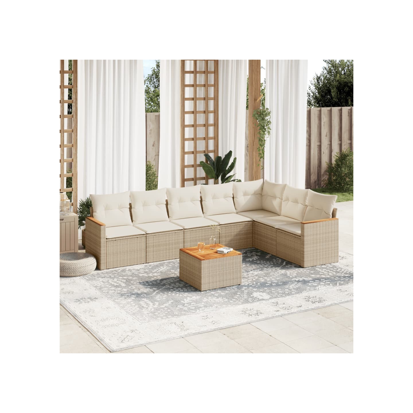 Salon de jardin avec coussins 8 pcs beige résine tressée