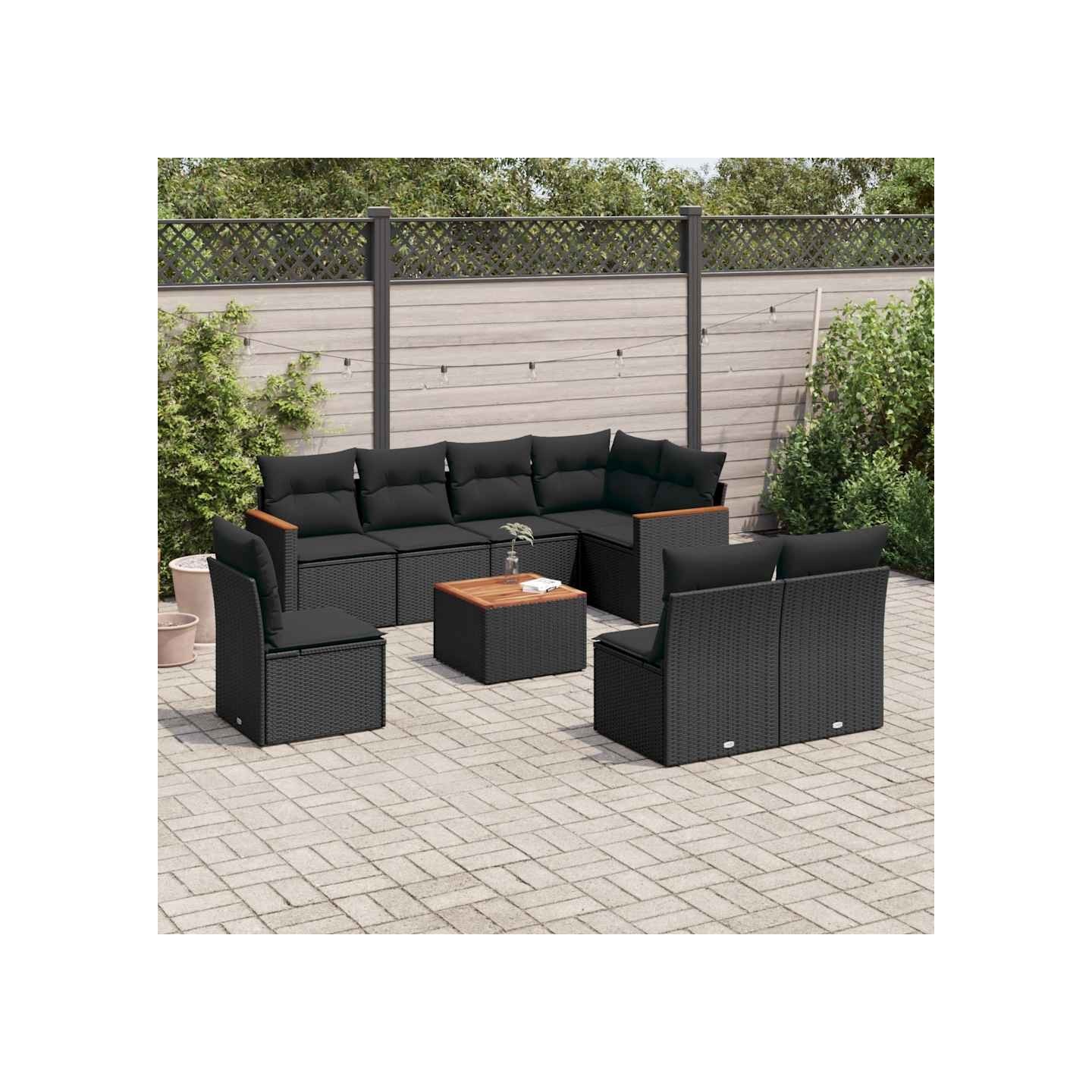 Salon de jardin 9 pcs avec coussins noir résine tressée