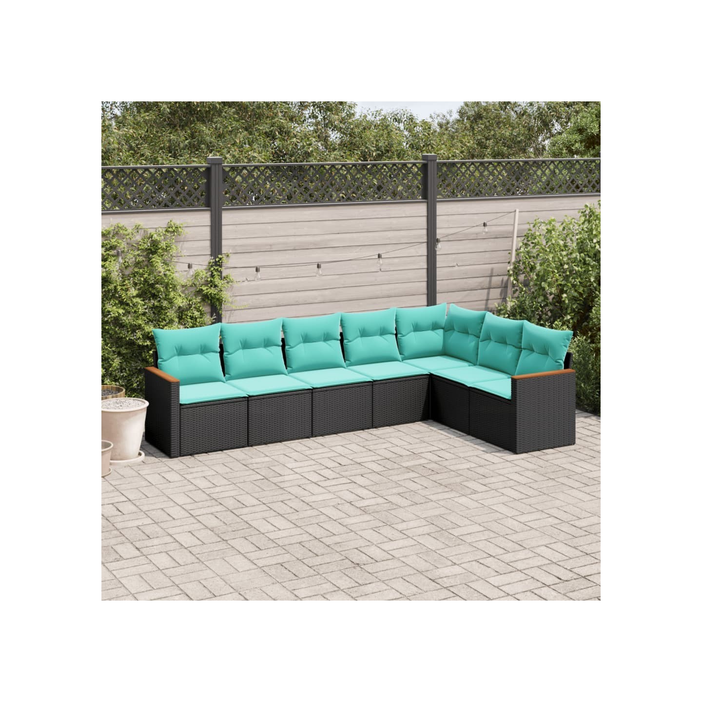 Salon de jardin 7 pcs avec coussins noir résine tressée