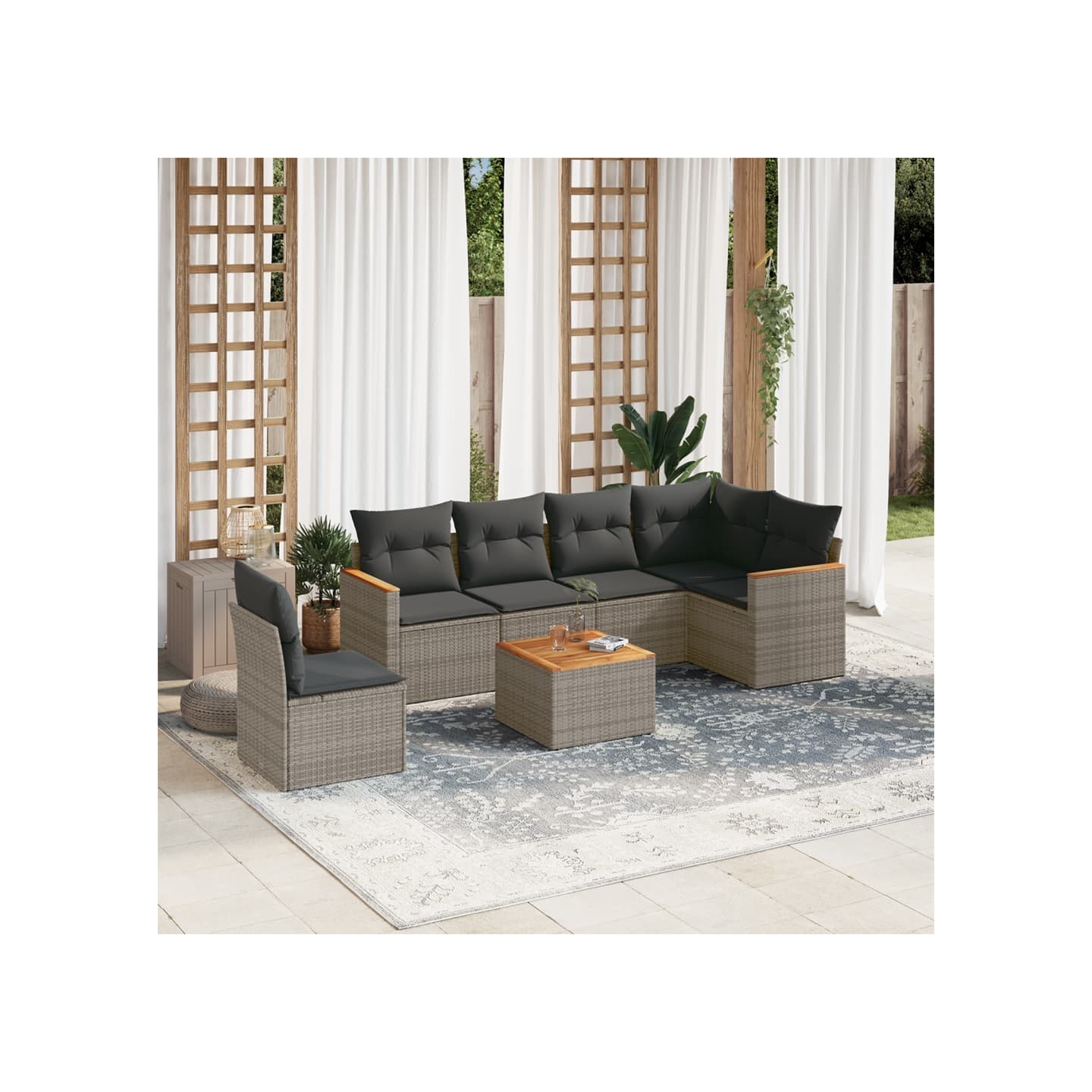 Salon de jardin avec coussins 7 pcs gris résine tressée