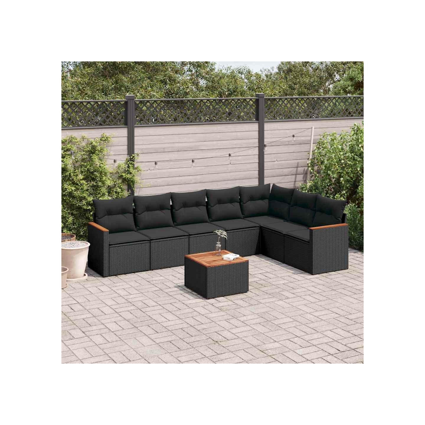 Salon de jardin 8 pcs avec coussins noir résine tressée