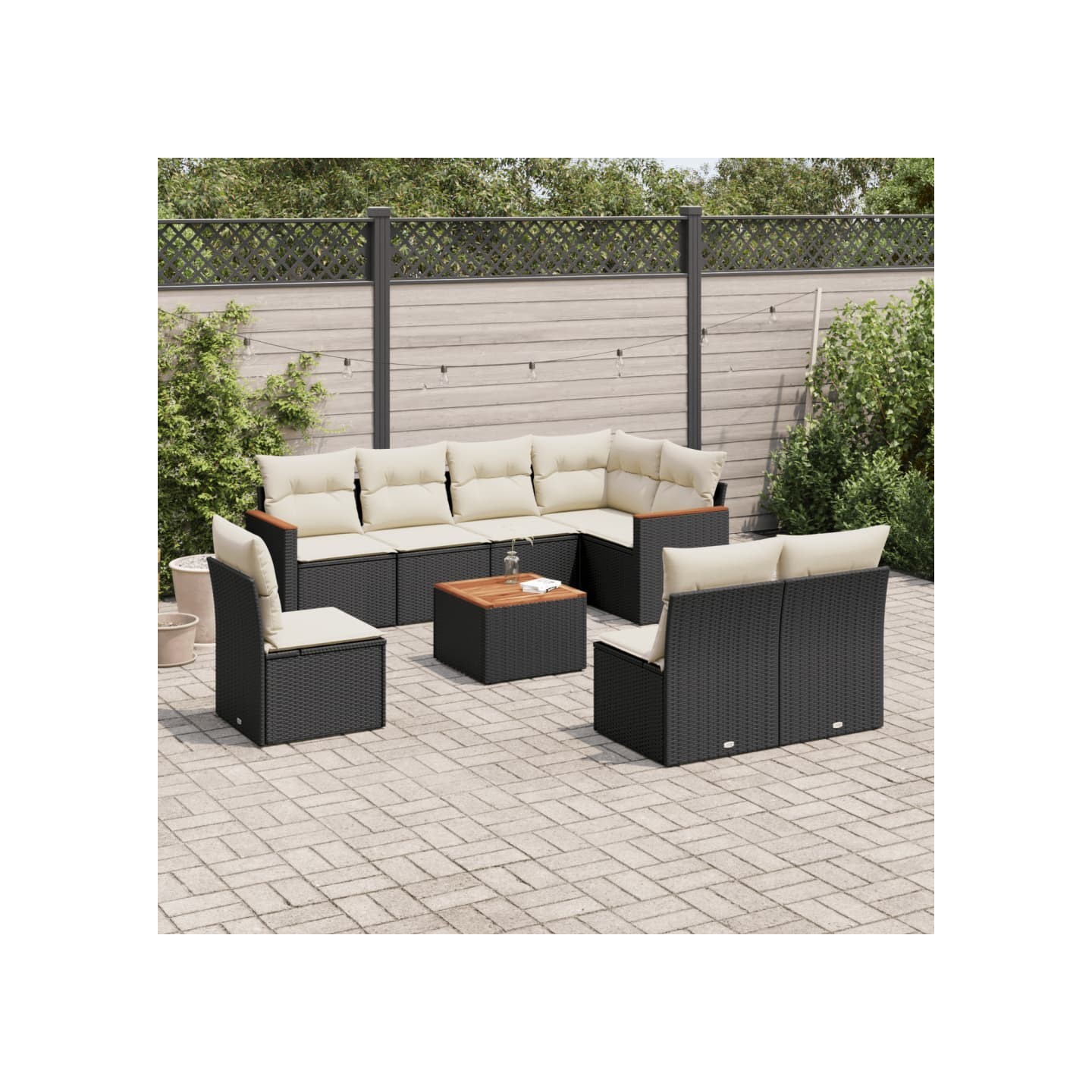 Salon de jardin 9 pcs avec coussins noir résine tressée