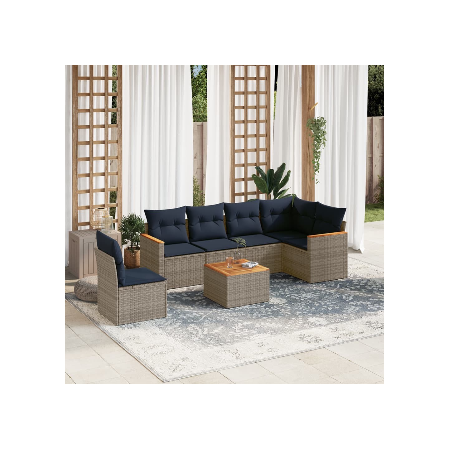Ensemble de canapé de jardin 7 pcs avec coussins gris résine tressée