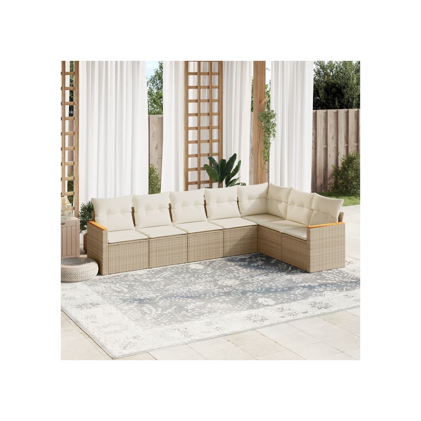 Salon de jardin avec coussins 7 pcs beige résine tressée