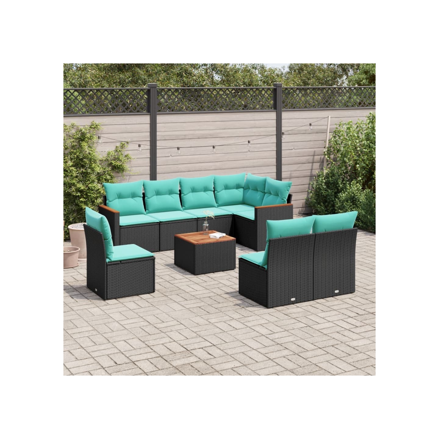 Ensemble de canapé de jardin 9 pcs avec coussins noir résine tressée
