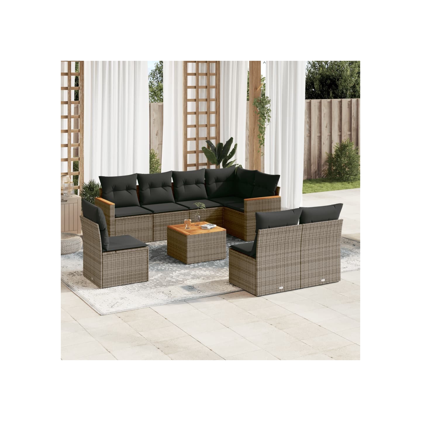 Salon de jardin 9 pcs avec coussins gris résine tressée