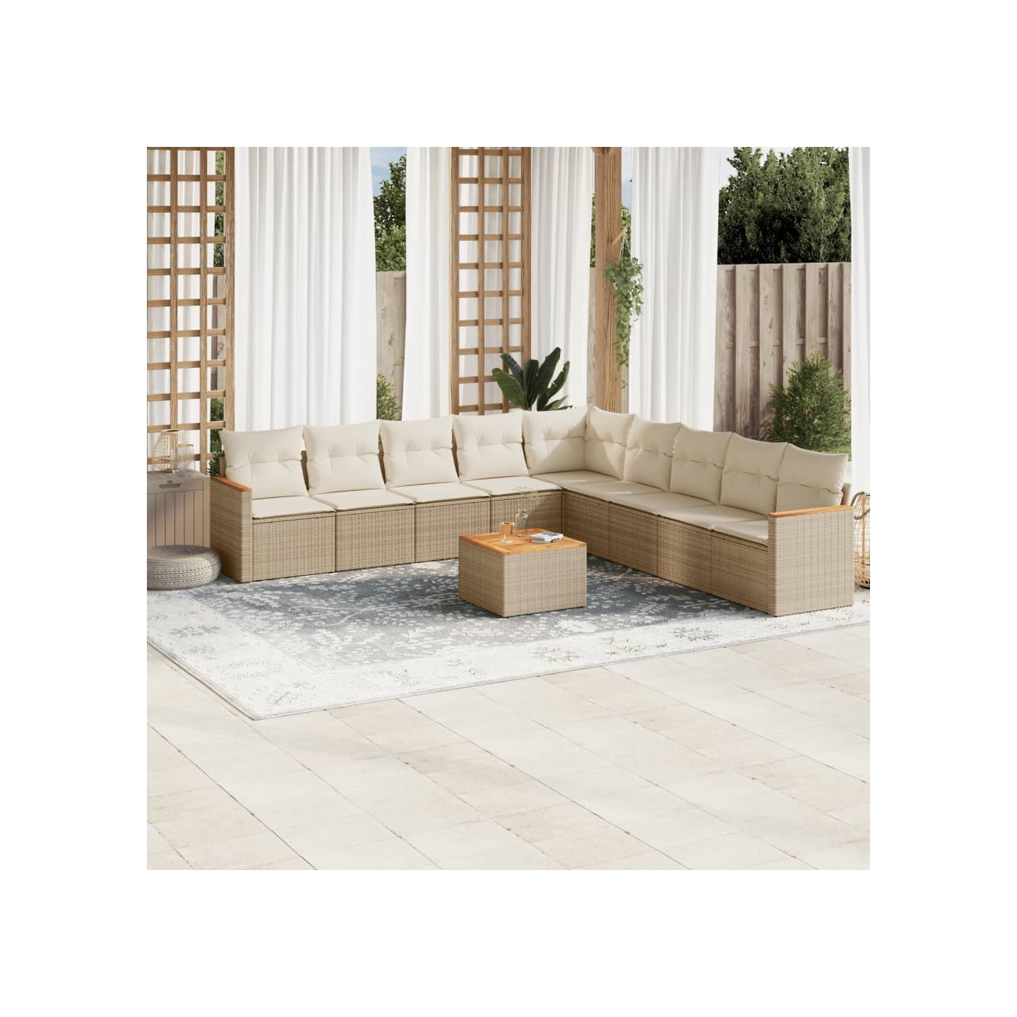 Salon de jardin avec coussins 10 pcs beige résine tressée