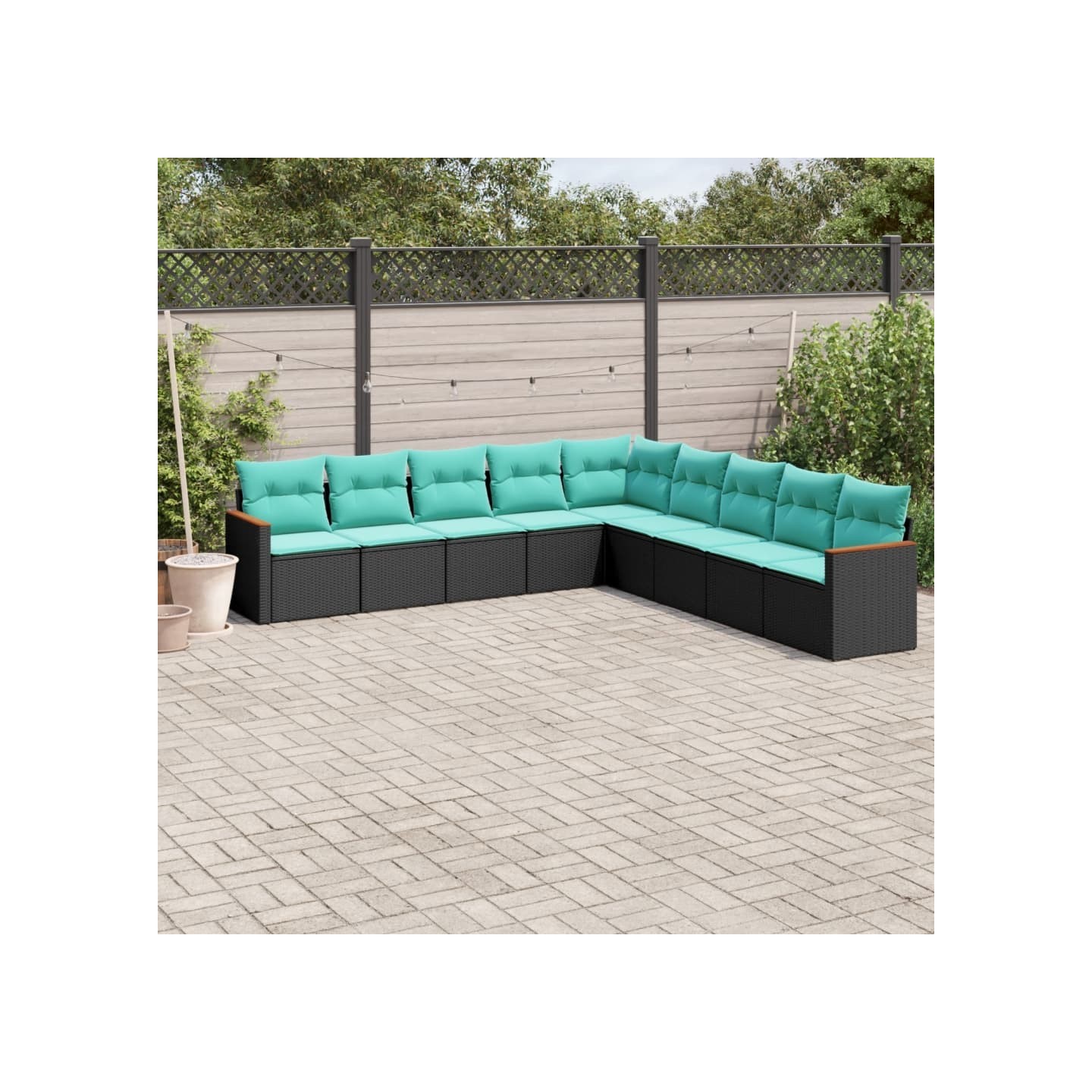 Salon de jardin 9 pcs avec coussins noir résine tressée
