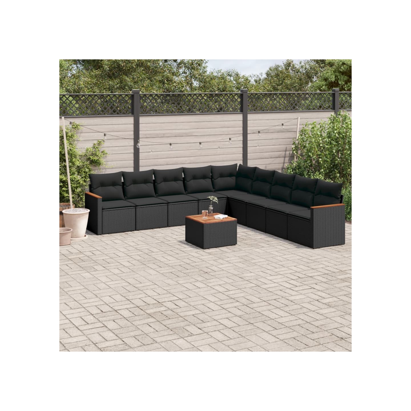 Salon de jardin 10 pcs avec coussins noir résine tressée