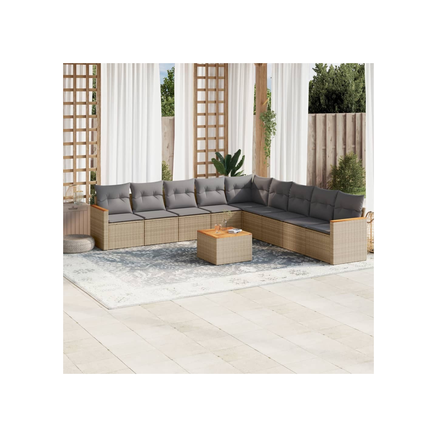 Salon de jardin et coussins 10 pcs mélange beige résine tressée