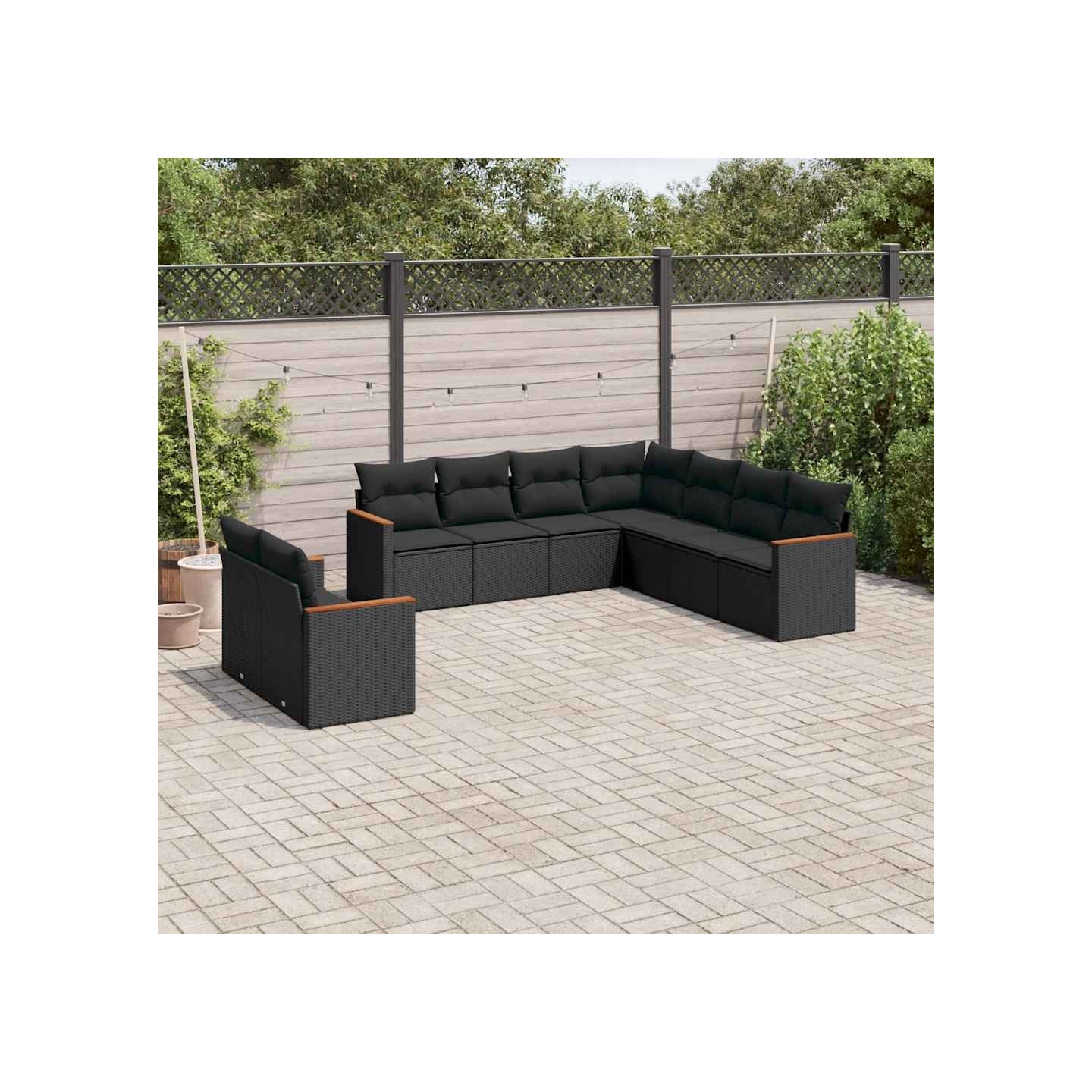 Salon de jardin 9 pcs avec coussins noir résine tressée