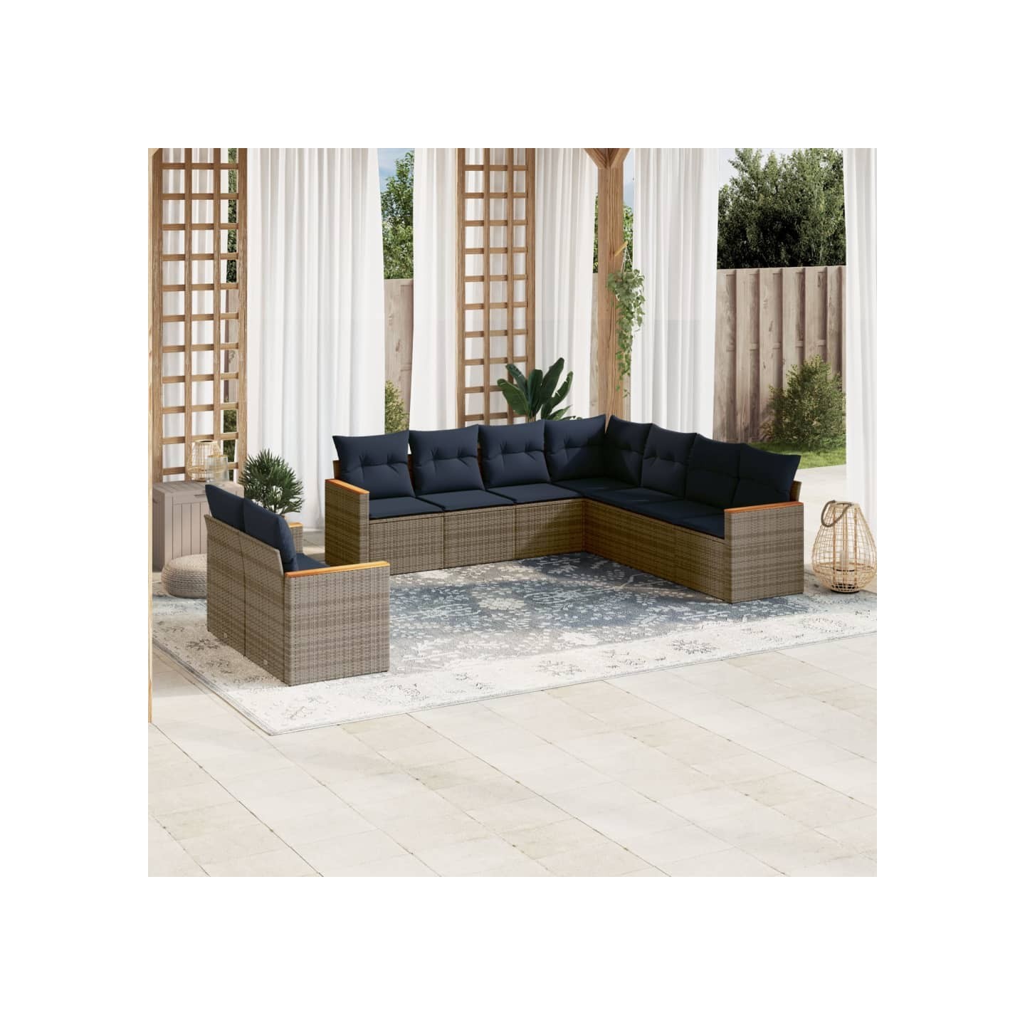 Ensemble de canapé de jardin 9 pcs avec coussins gris résine tressée