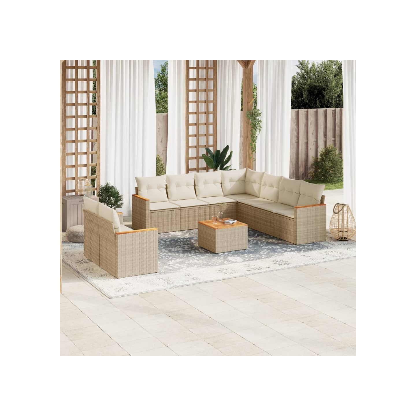 Salon de jardin avec coussins 10 pcs beige résine tressée