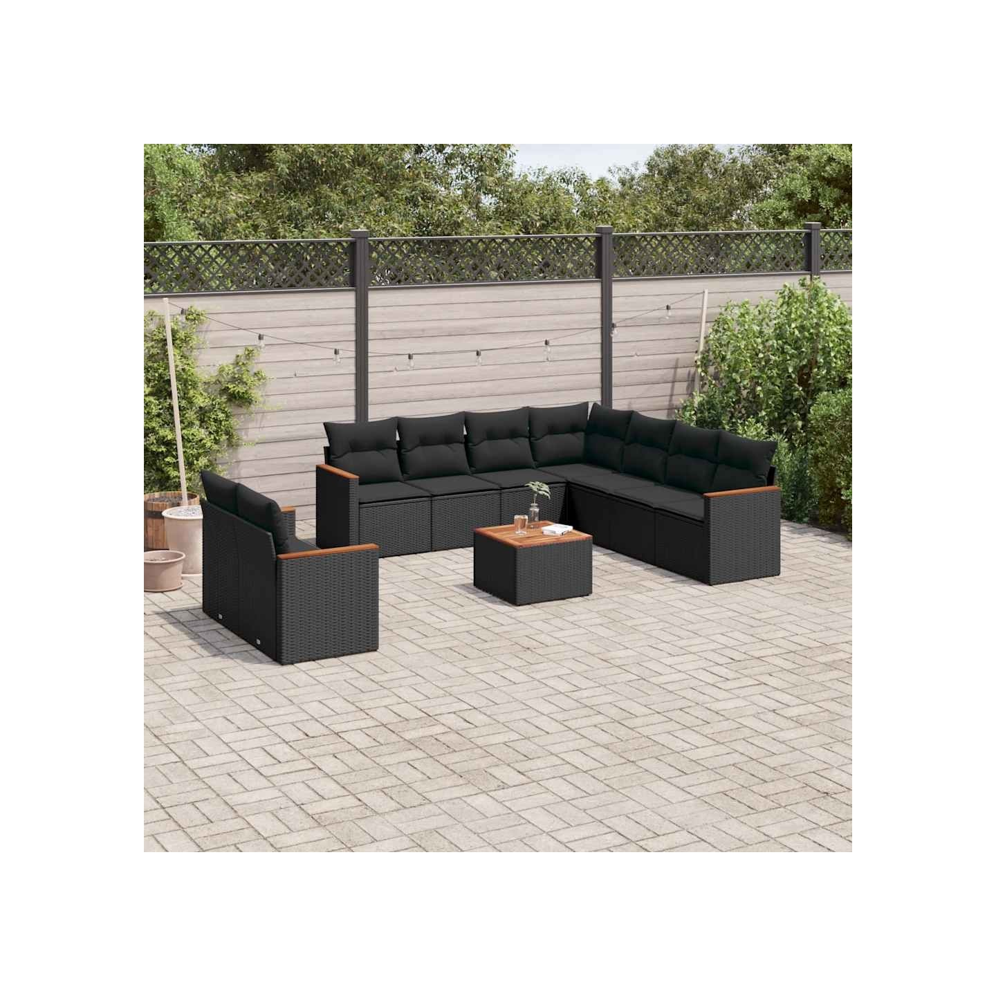 Salon de jardin 10 pcs avec coussins noir résine tressée