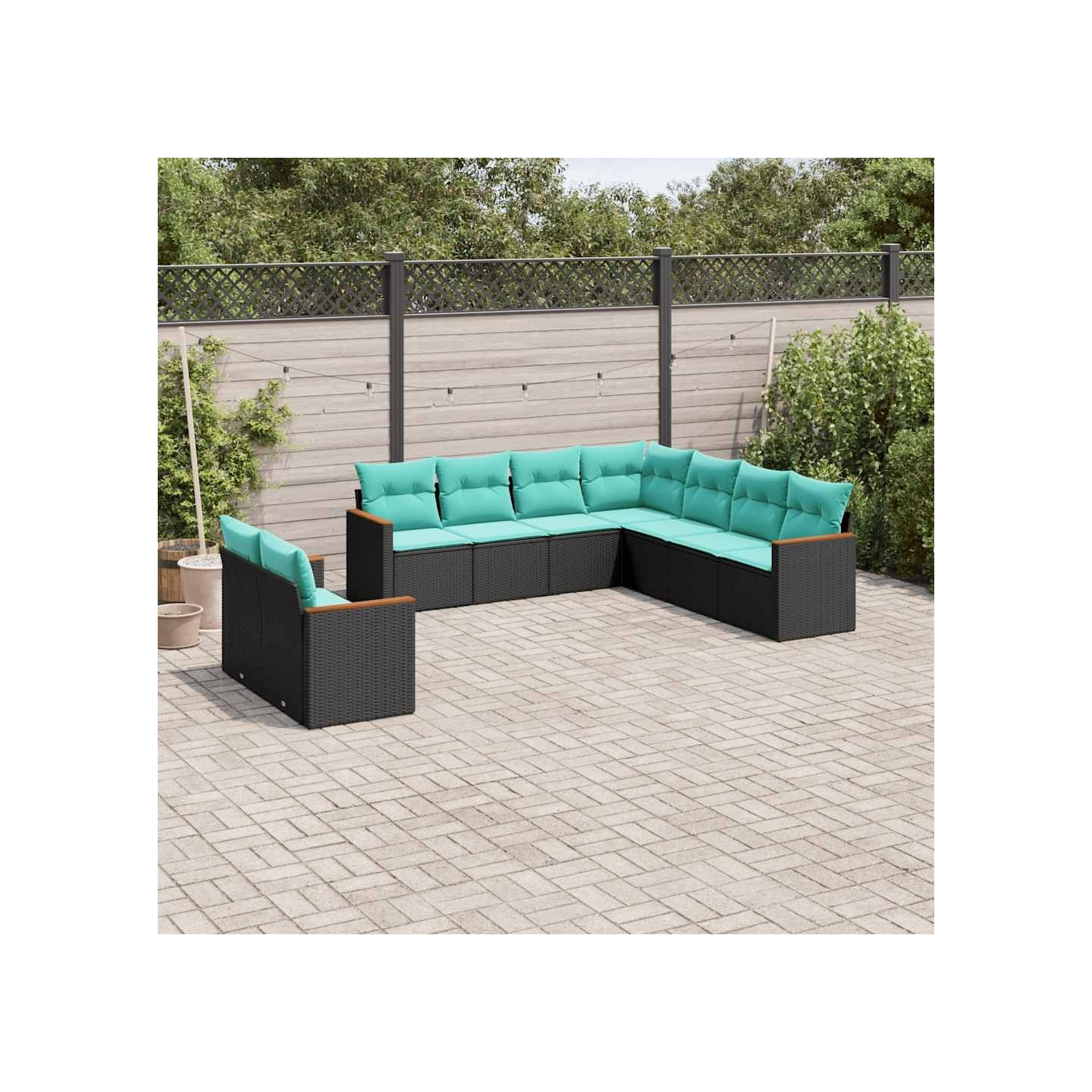 Salon de jardin 9 pcs avec coussins noir résine tressée
