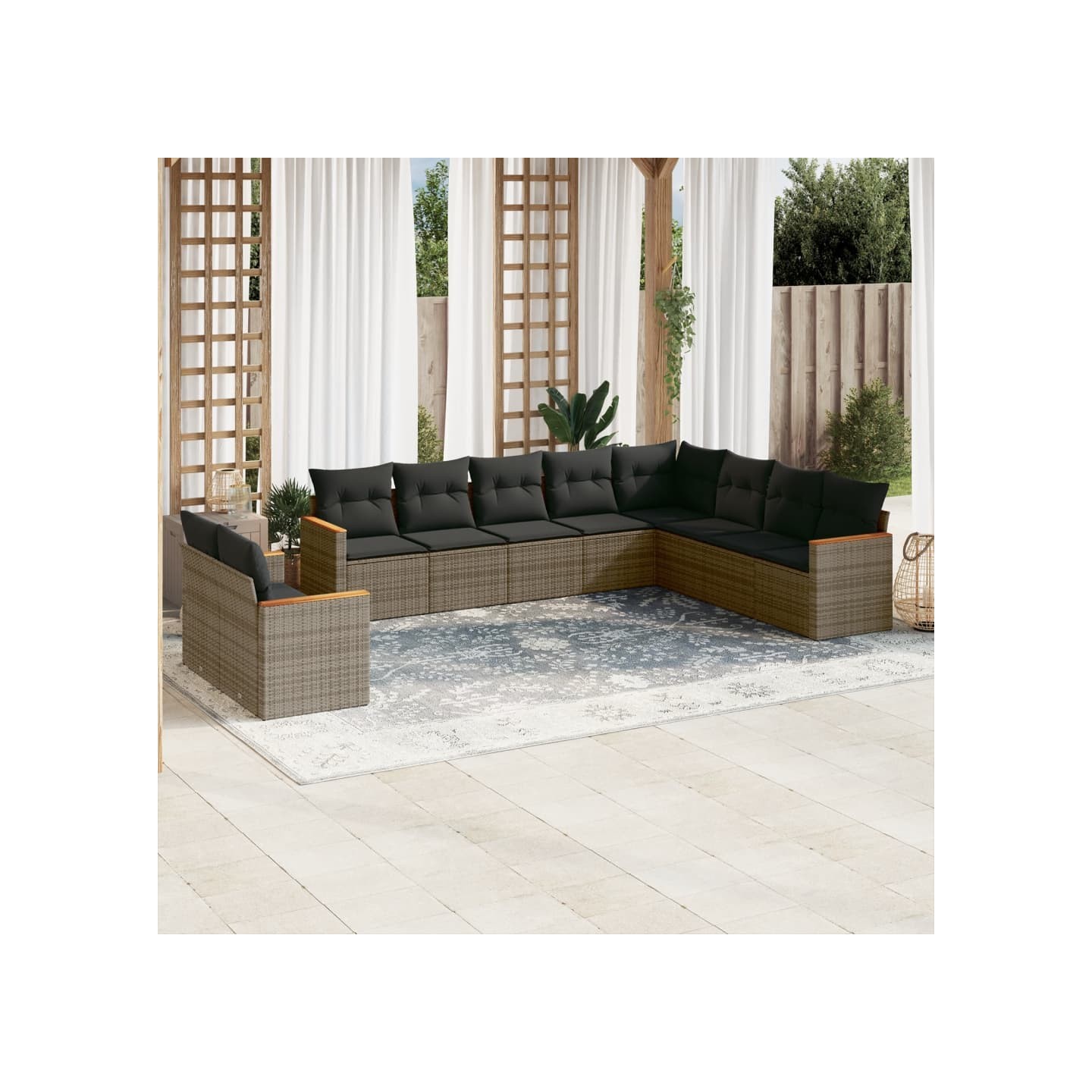 Salon de jardin avec coussins 10 pcs gris résine tressée