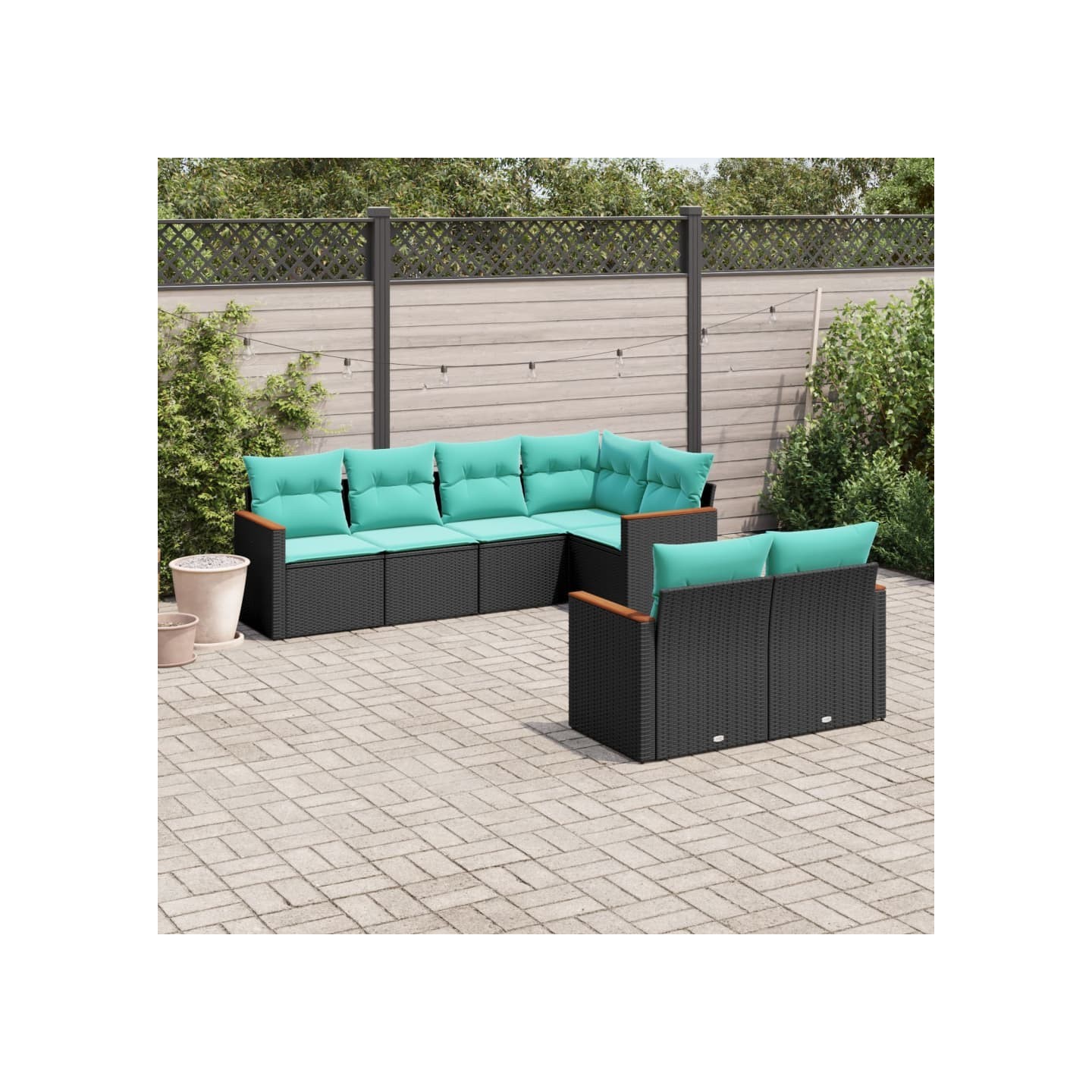 Salon de jardin 7 pcs avec coussins noir résine tressée