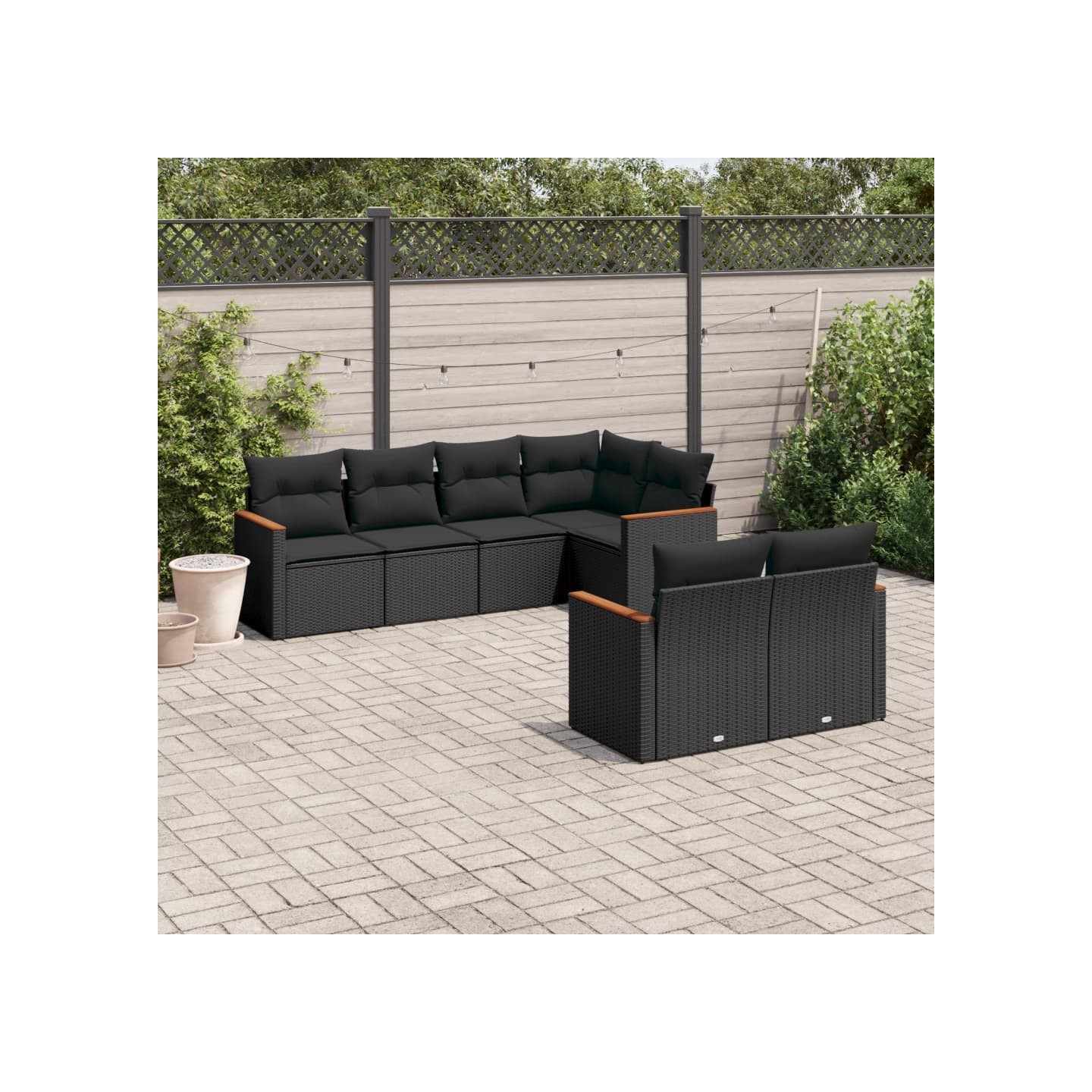 Salon de jardin 7 pcs avec coussins noir résine tressée