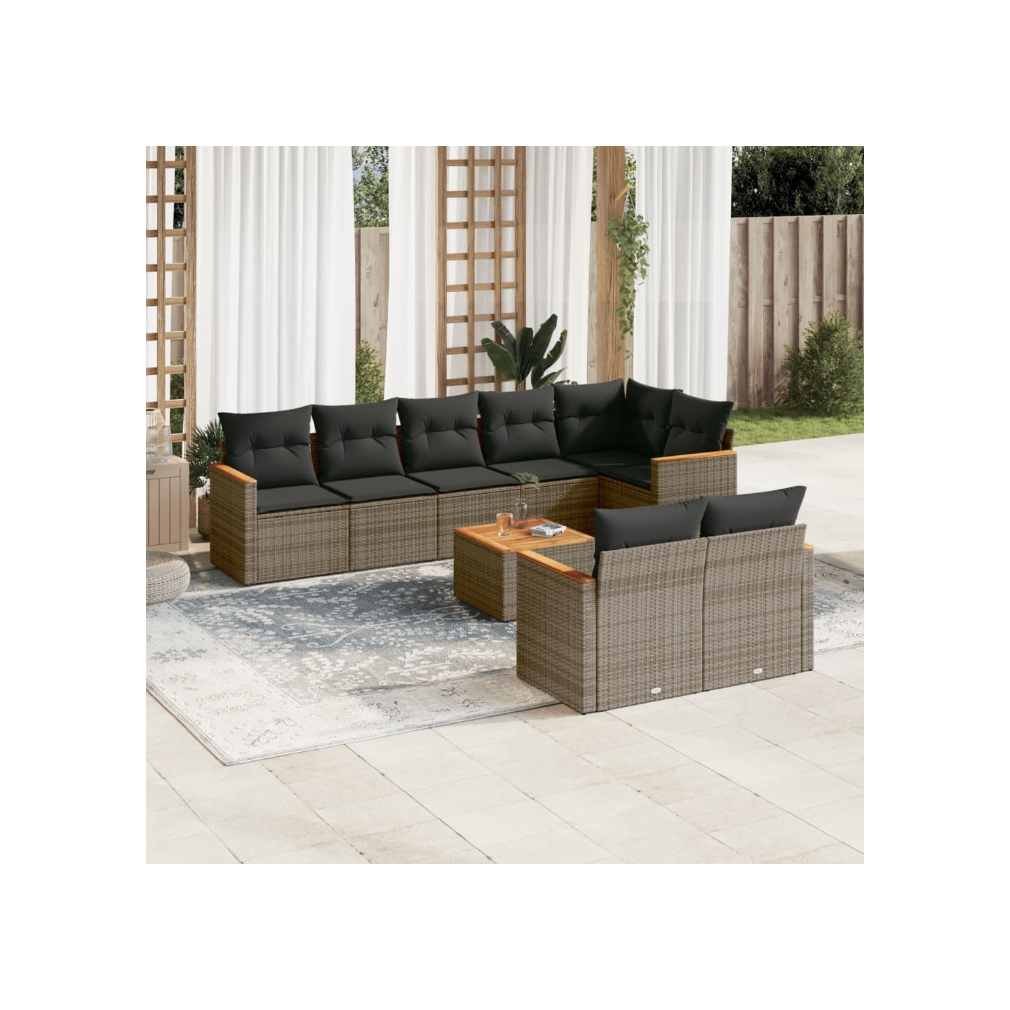 Salon de jardin 9 pcs avec coussins gris résine tressée