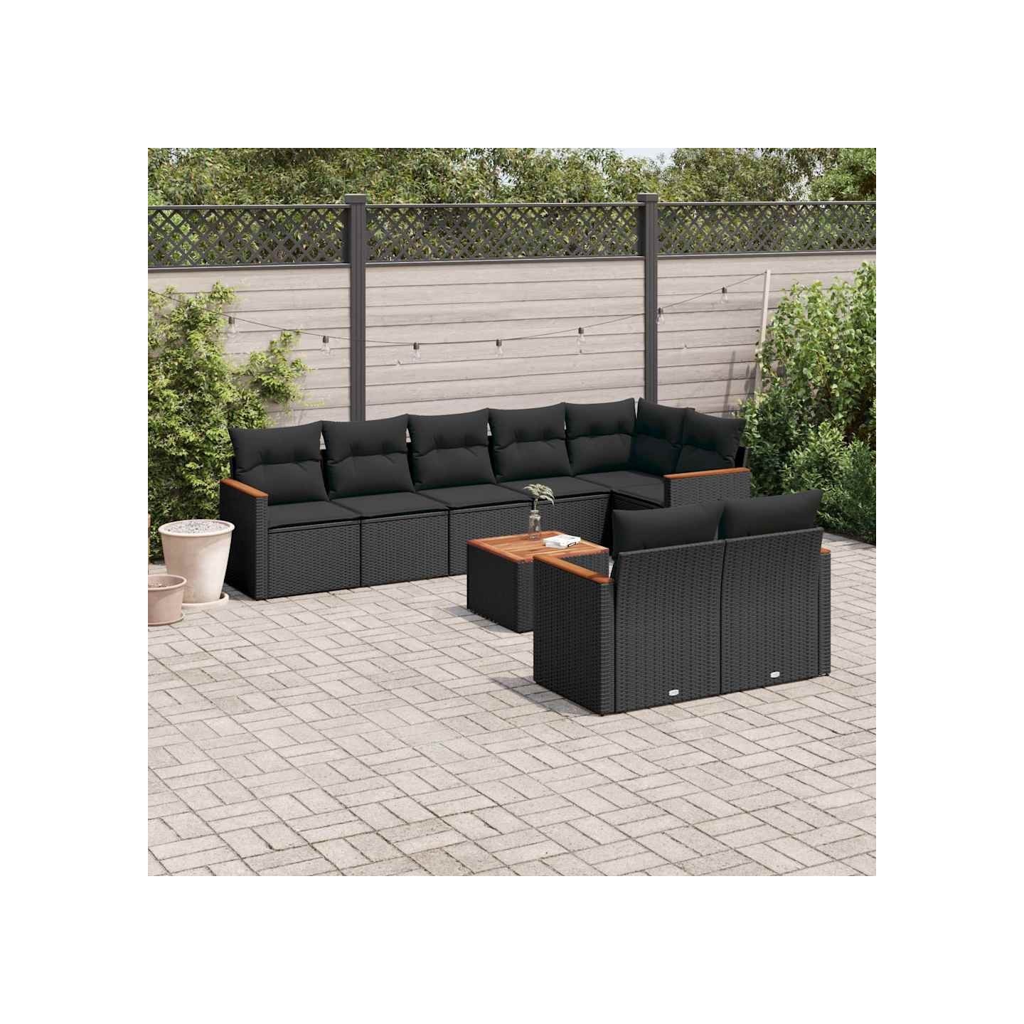 Salon de jardin 9 pcs avec coussins noir résine tressée