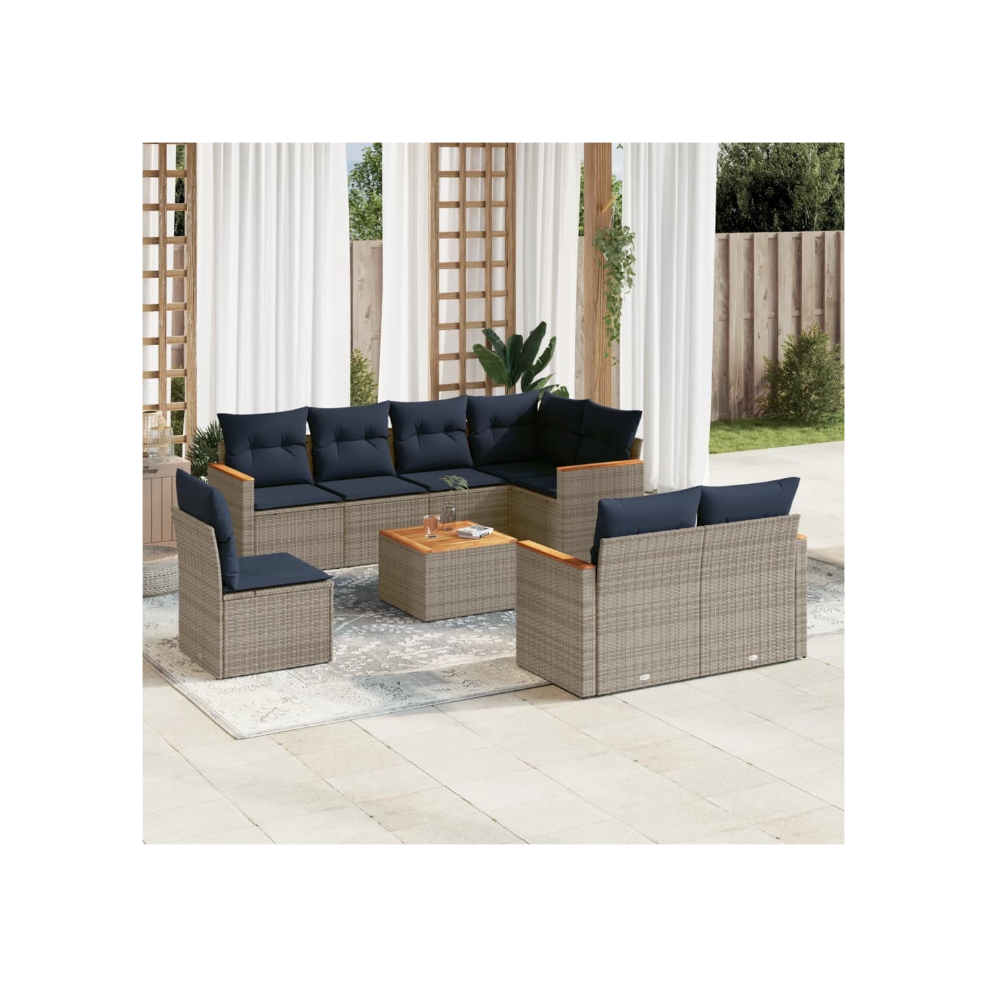 Ensemble de canapé de jardin 9 pcs avec coussins gris résine tressée
