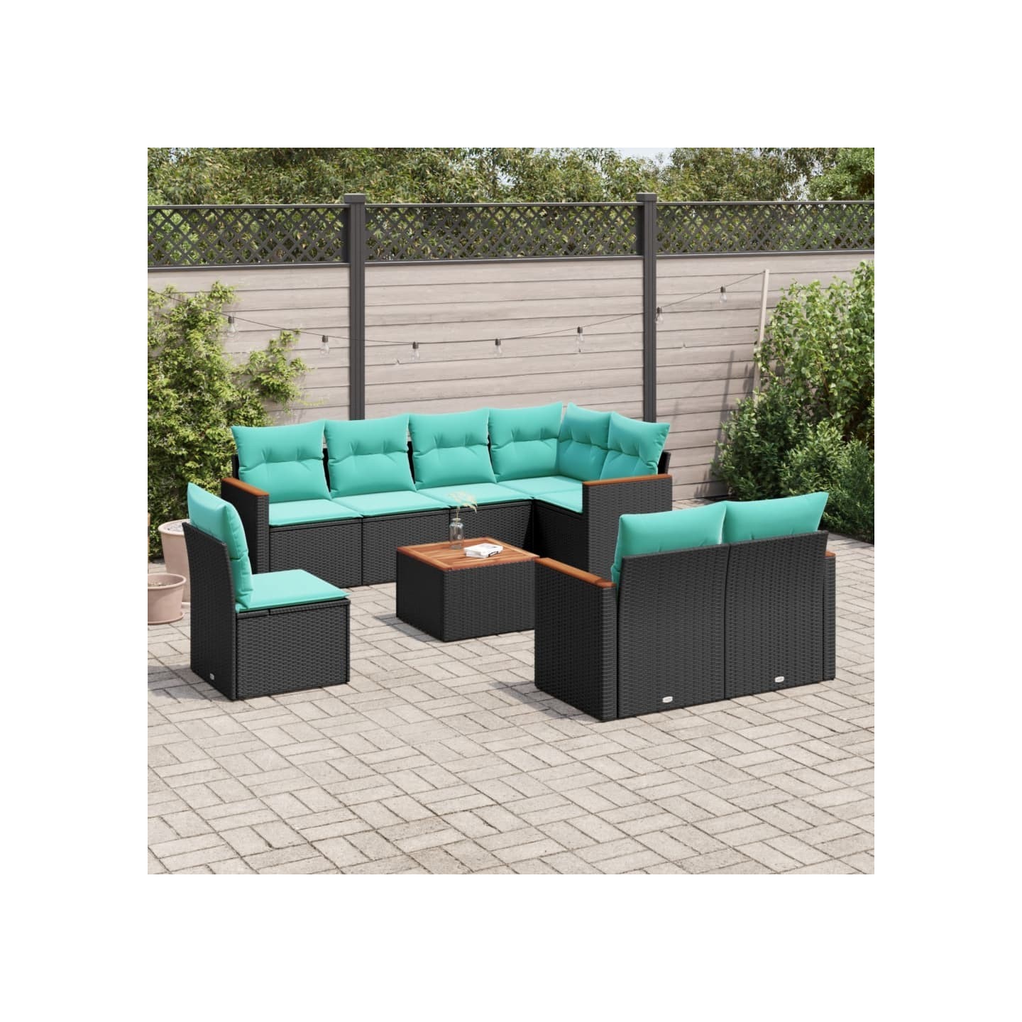 Ensemble de canapé de jardin 9 pcs avec coussins noir résine tressée