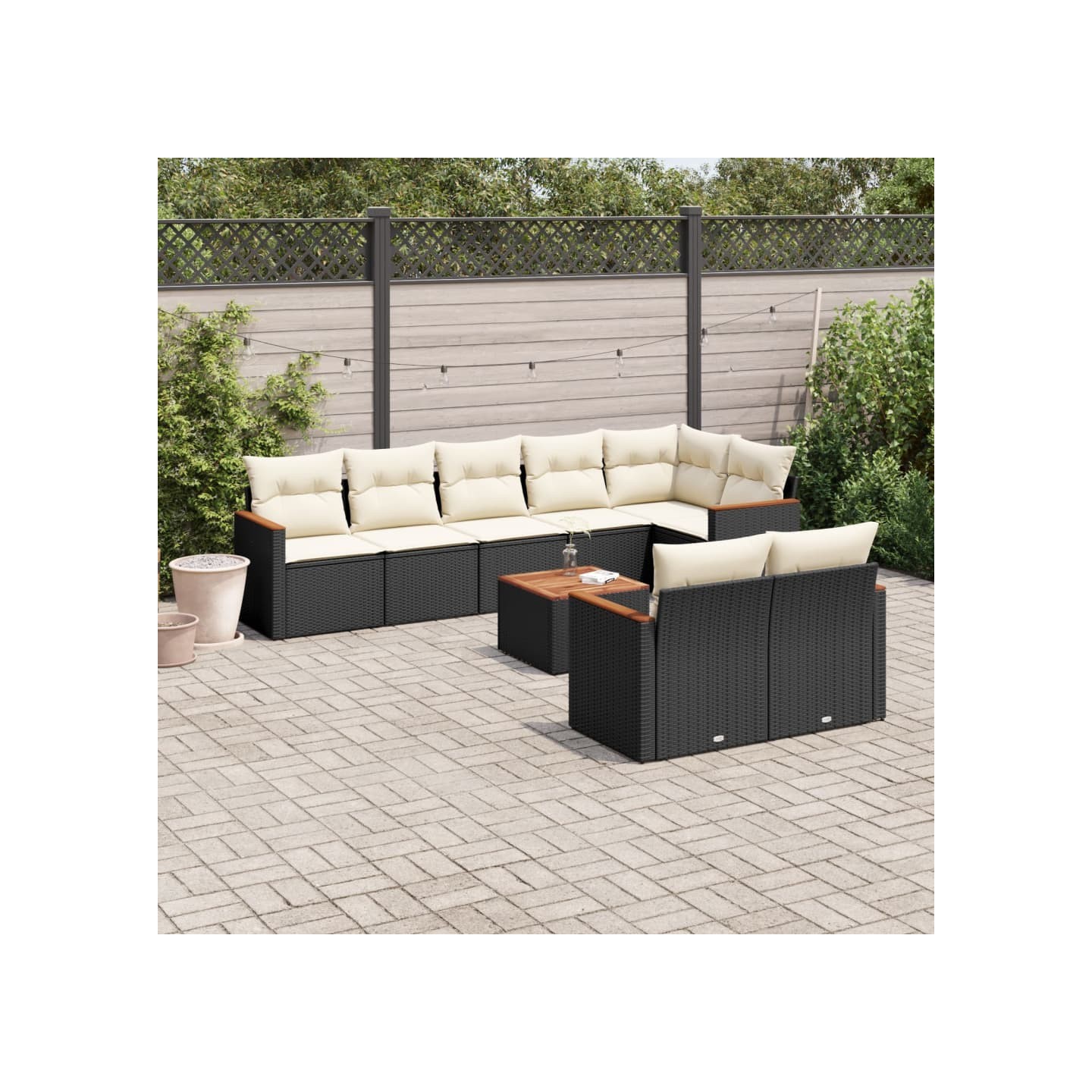 Salon de jardin 9 pcs avec coussins noir résine tressée