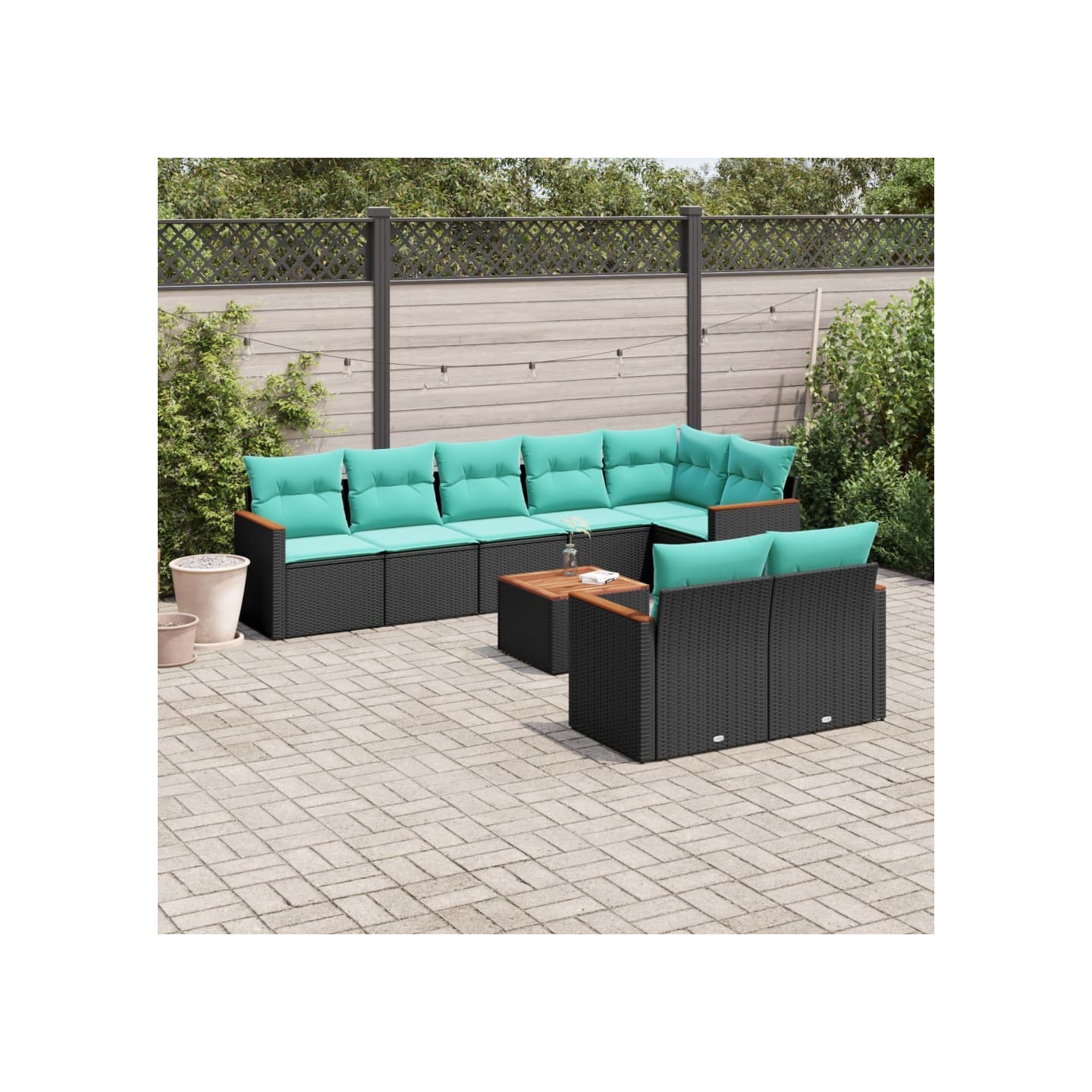 Ensemble de canapé de jardin 9 pcs avec coussins noir résine tressée