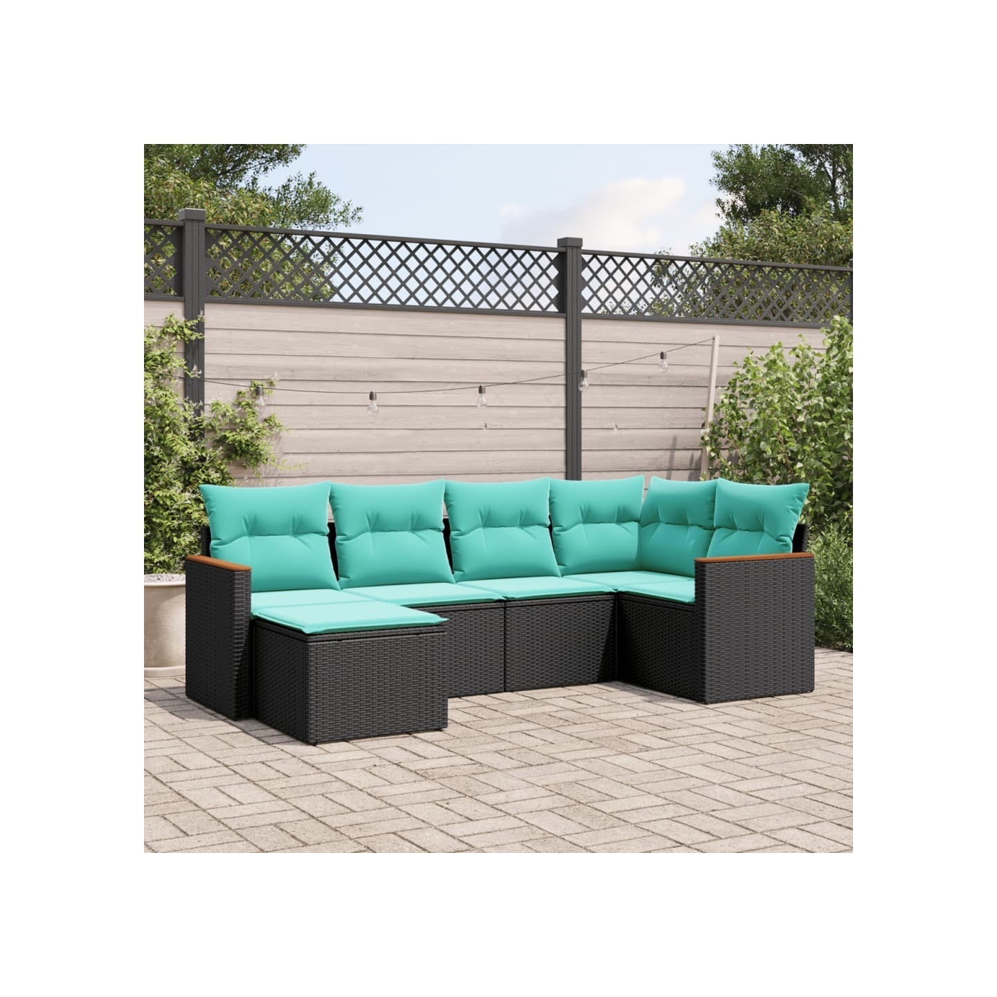 Salon de jardin 6 pcs avec coussins noir résine tressée