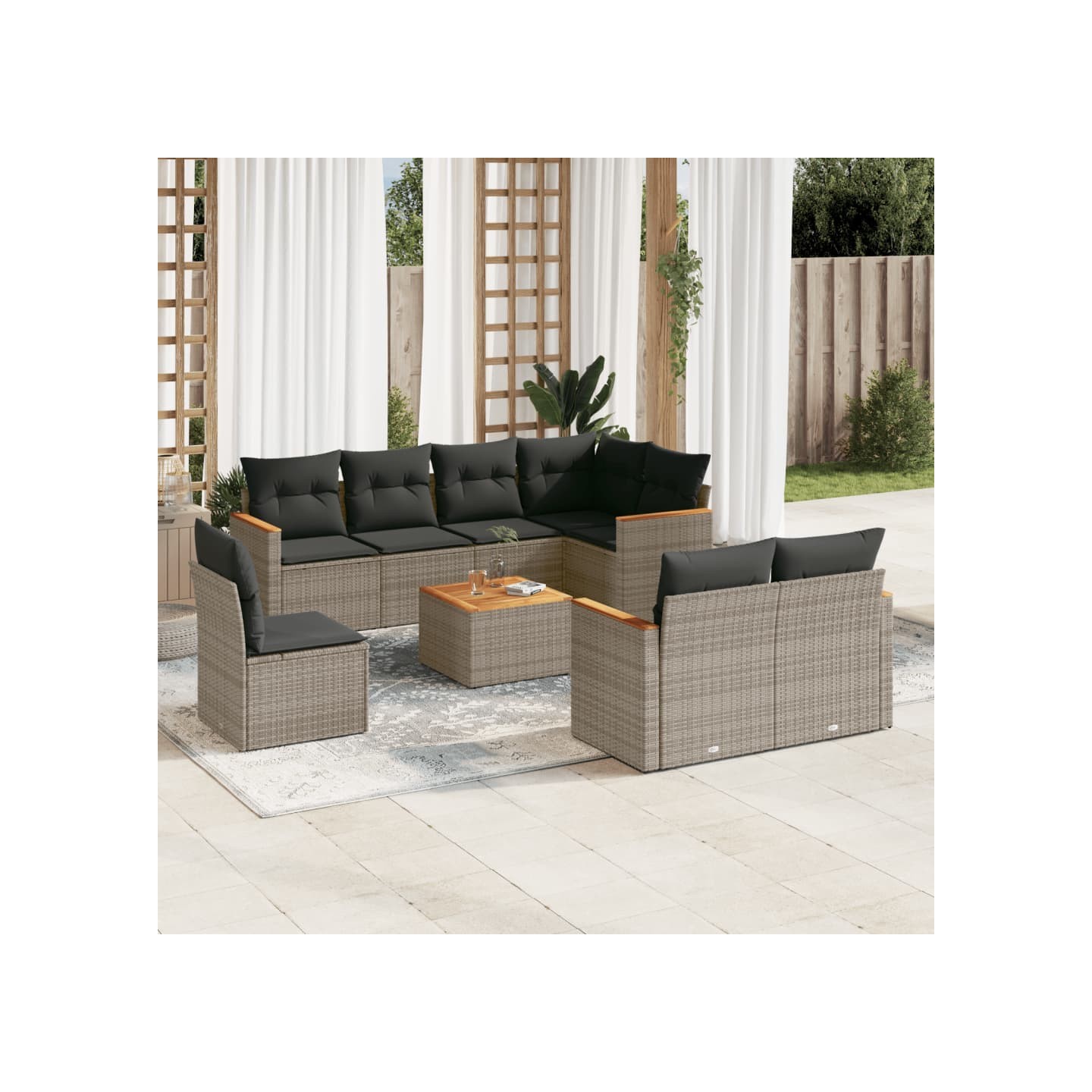 Salon de jardin 9 pcs avec coussins gris résine tressée