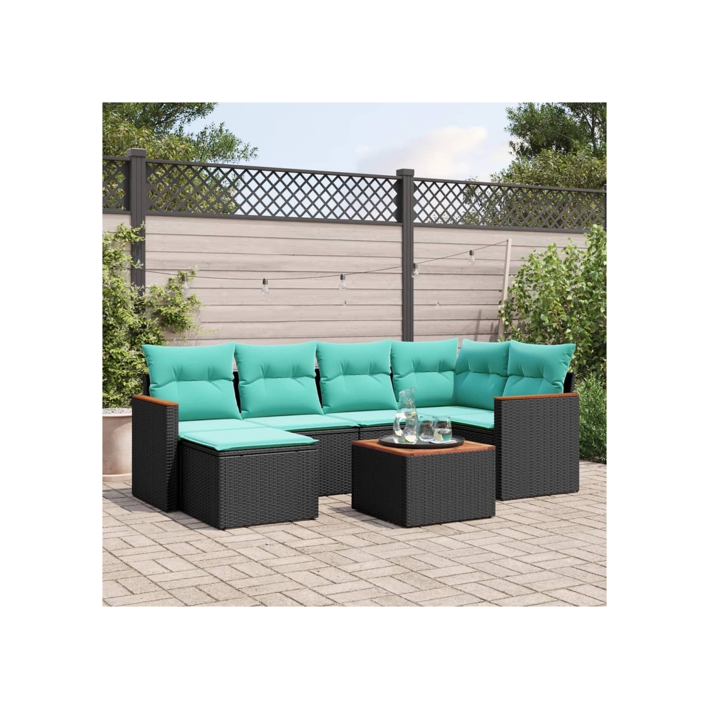 Ensemble de canapé de jardin 7 pcs avec coussins noir résine tressée