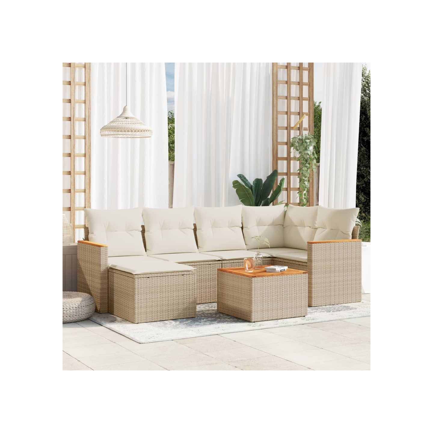 Salon de jardin avec coussins 7 pcs beige résine tressée